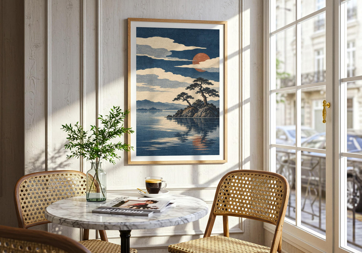 Close console-wall view highlights the rocky pine island and its reflection.