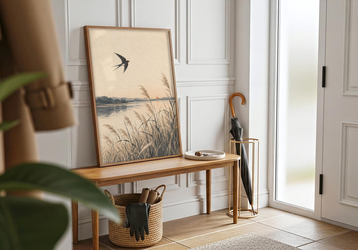 Wide white-frame room mock-up shows the single flying bird as a focal detail.