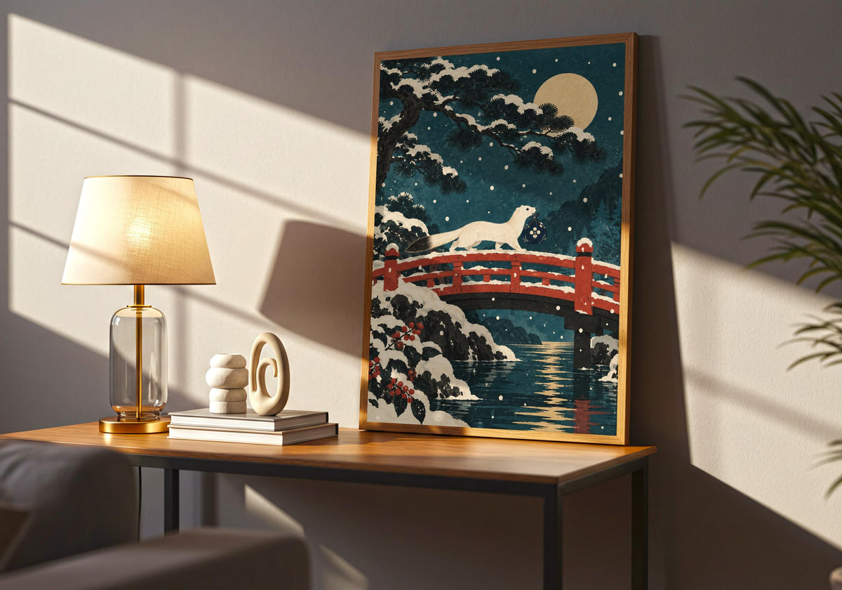 The lamp-lit tabletop view brings attention to the red-and-teal winter illustration in the framed print.