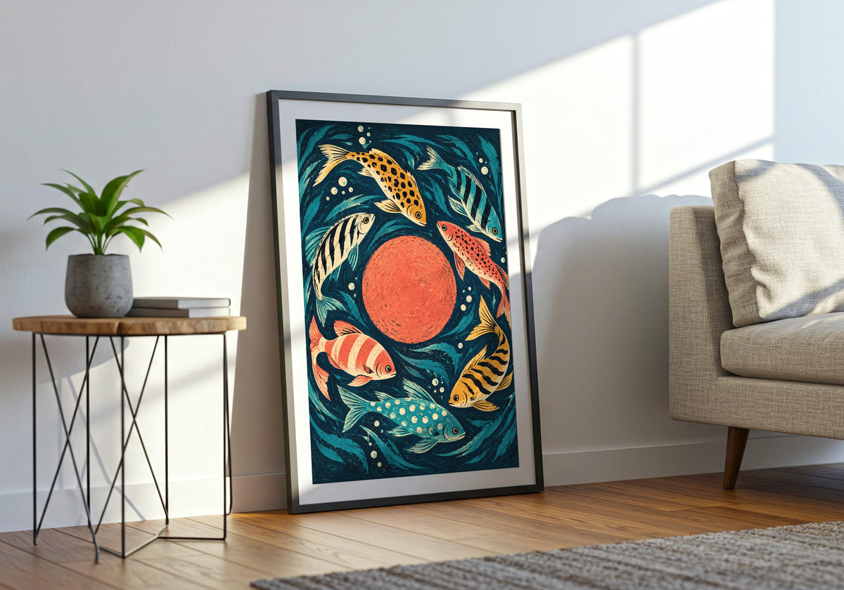The final room mockup features the fish circling the warm sun motif in the artwork on the floor beside a sofa and small plant.