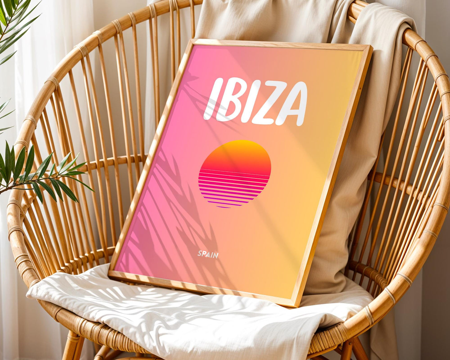 Minimal Ibiza wall art print featuring a colourful sunset design inspired by the Spanish island of Ibiza.