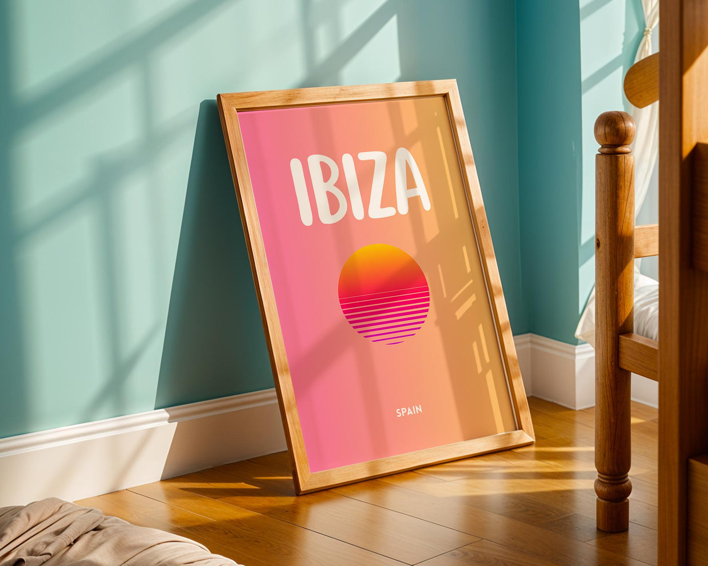 Minimal Ibiza wall art print featuring a colourful sunset design inspired by the Spanish island of Ibiza.