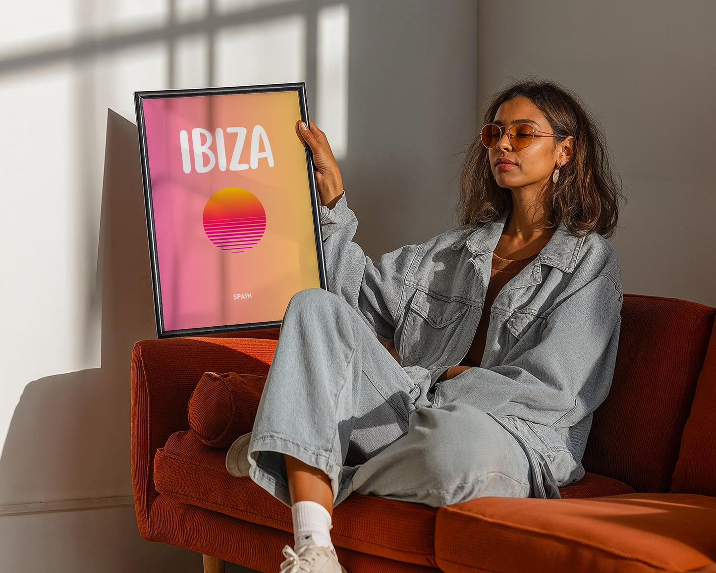 Minimal Ibiza wall art print featuring a colourful sunset design inspired by the Spanish island of Ibiza.