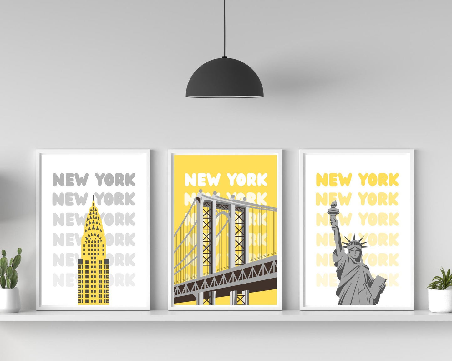 Minimal New York City wall art print set featuring modern landmark illustrations in neutral tones.