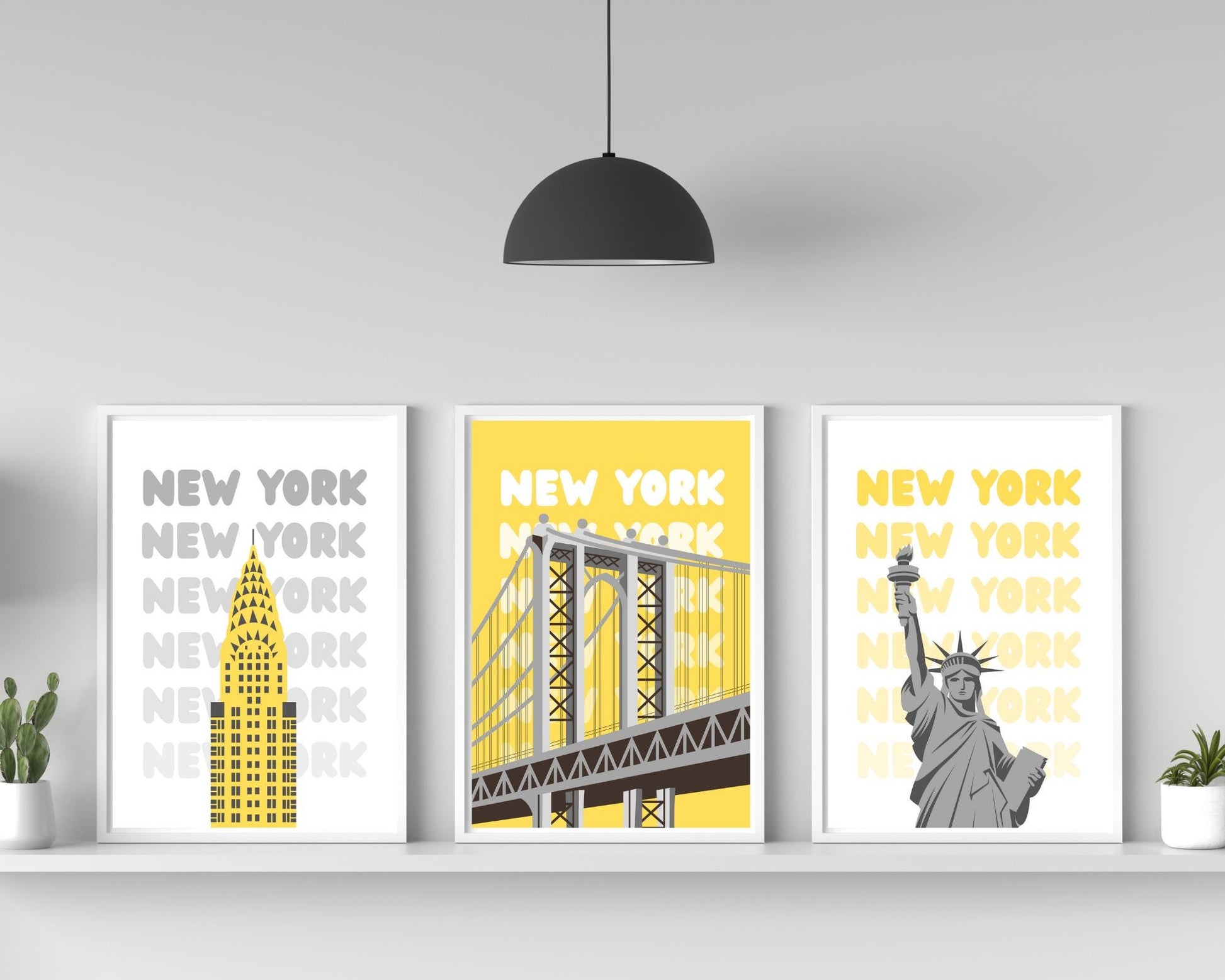 Minimal New York City wall art print set featuring modern landmark illustrations in neutral tones.