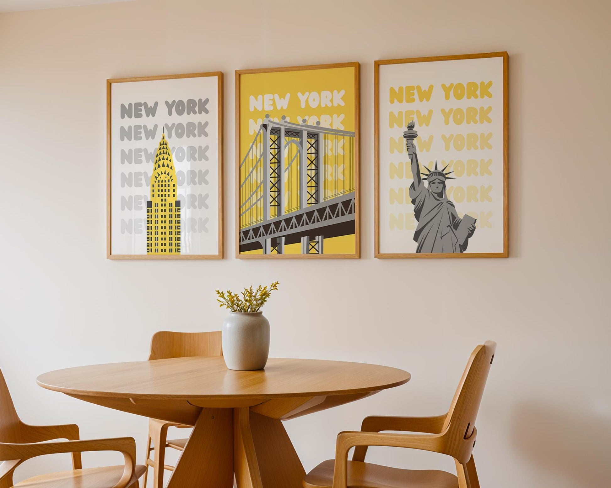Minimal New York City wall art print set featuring modern landmark illustrations in neutral tones.