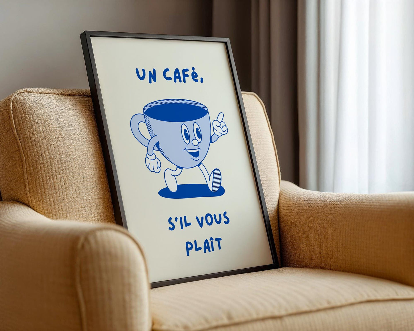 French café kitchen wall art with the phrase “Un Café S’il Vous Plaît” in blue lettering on a light background.