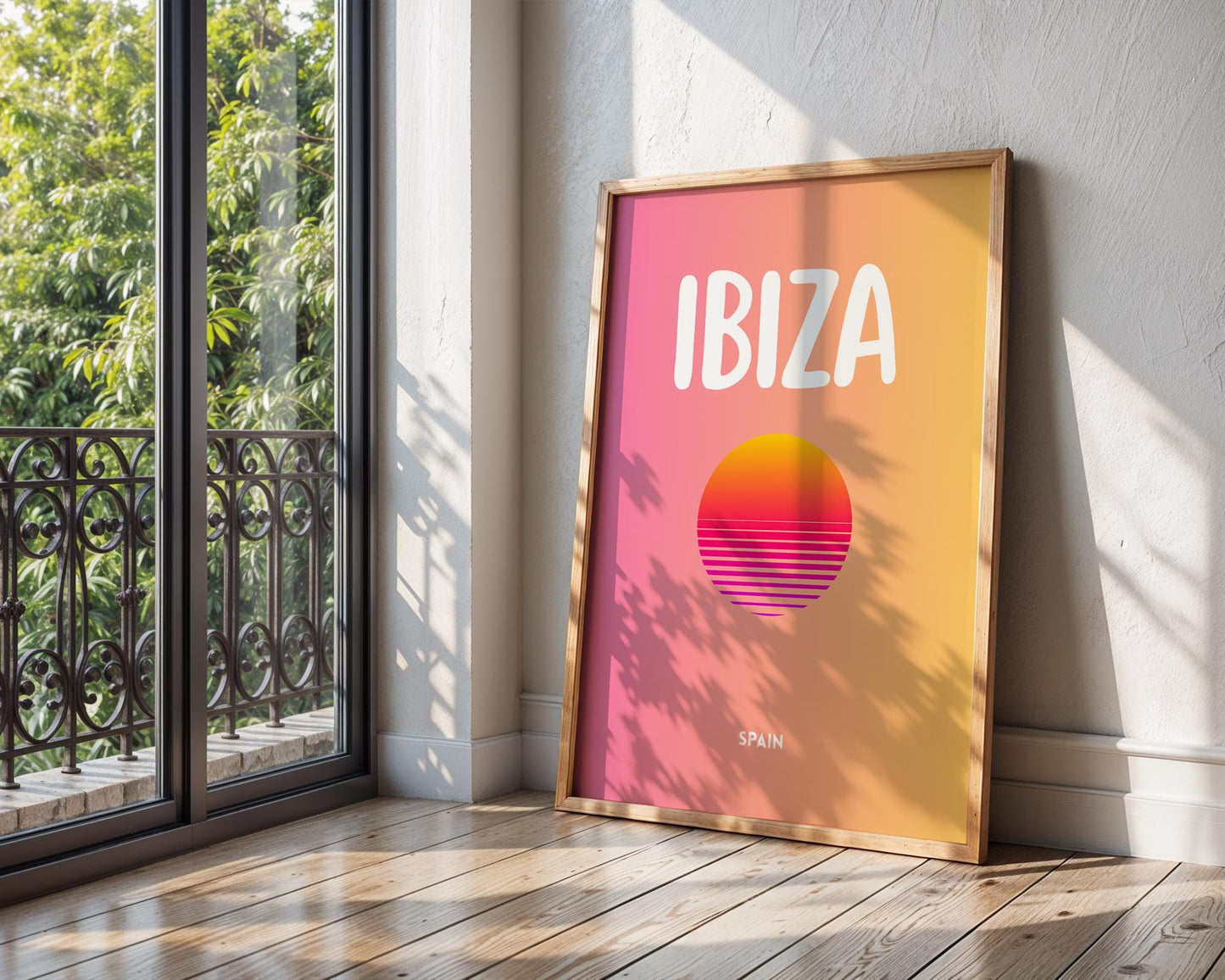 Minimal Ibiza wall art print featuring a colourful sunset design inspired by the Spanish island of Ibiza.
