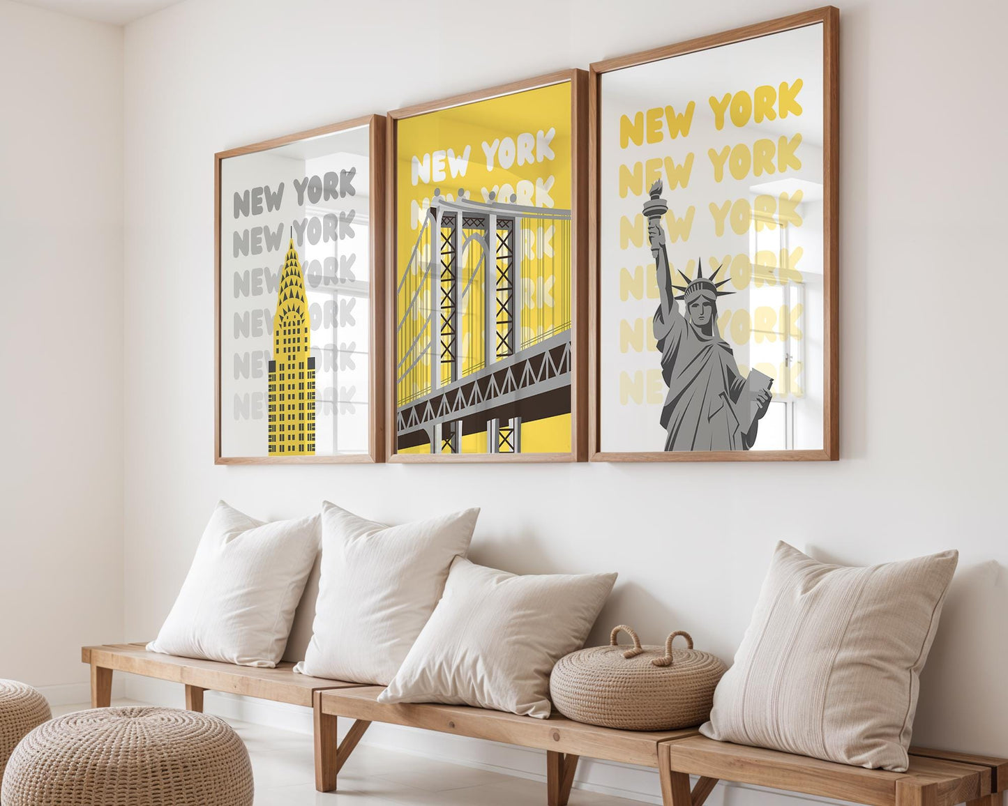 Minimal New York City wall art print set featuring modern landmark illustrations in neutral tones.