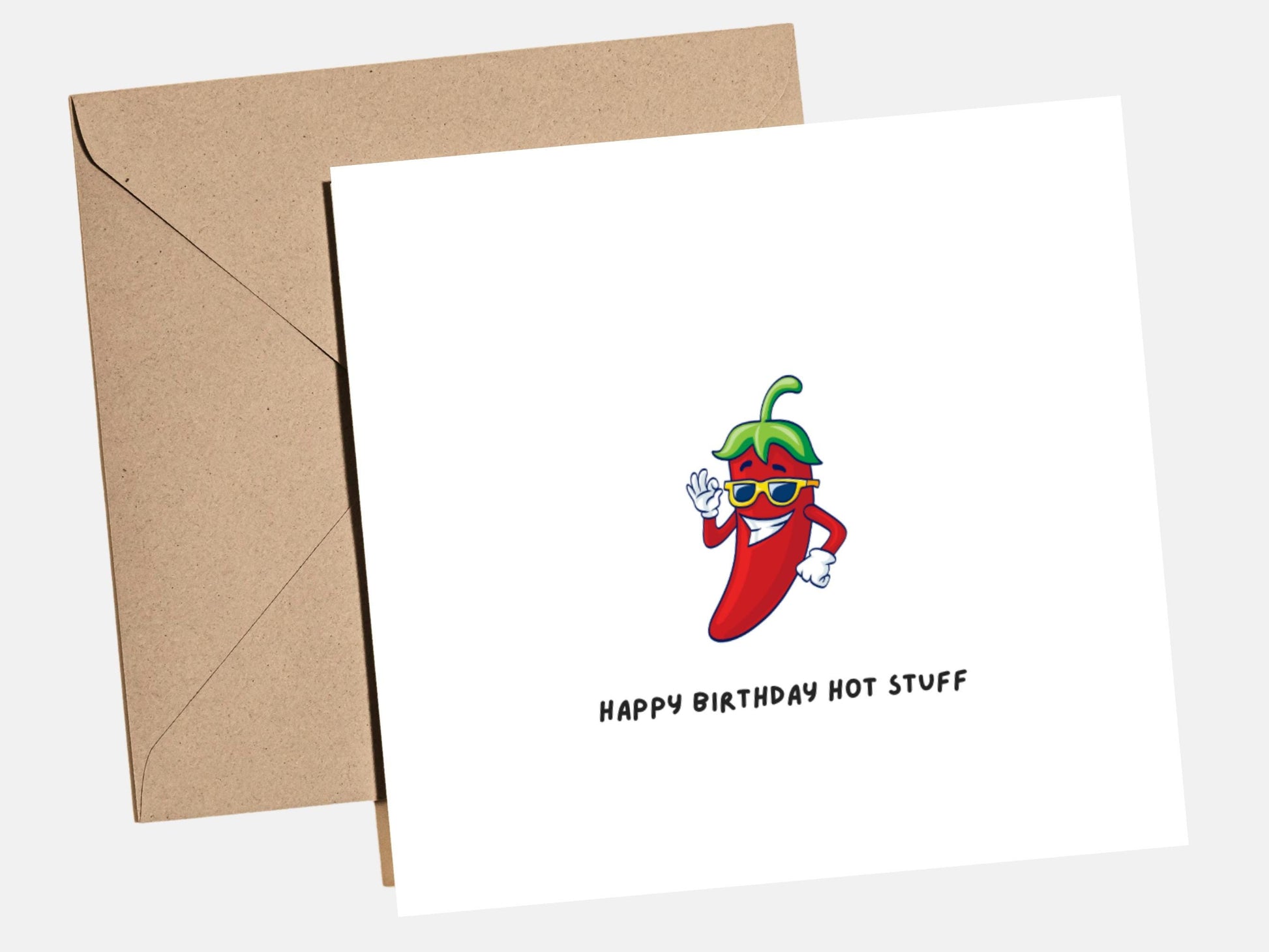 Funny cheeky birthday card featuring a playful ‚Äúhot‚Äù themed message, designed as a flirty birthday card for a partner or friend, shown with a kraft envelope.