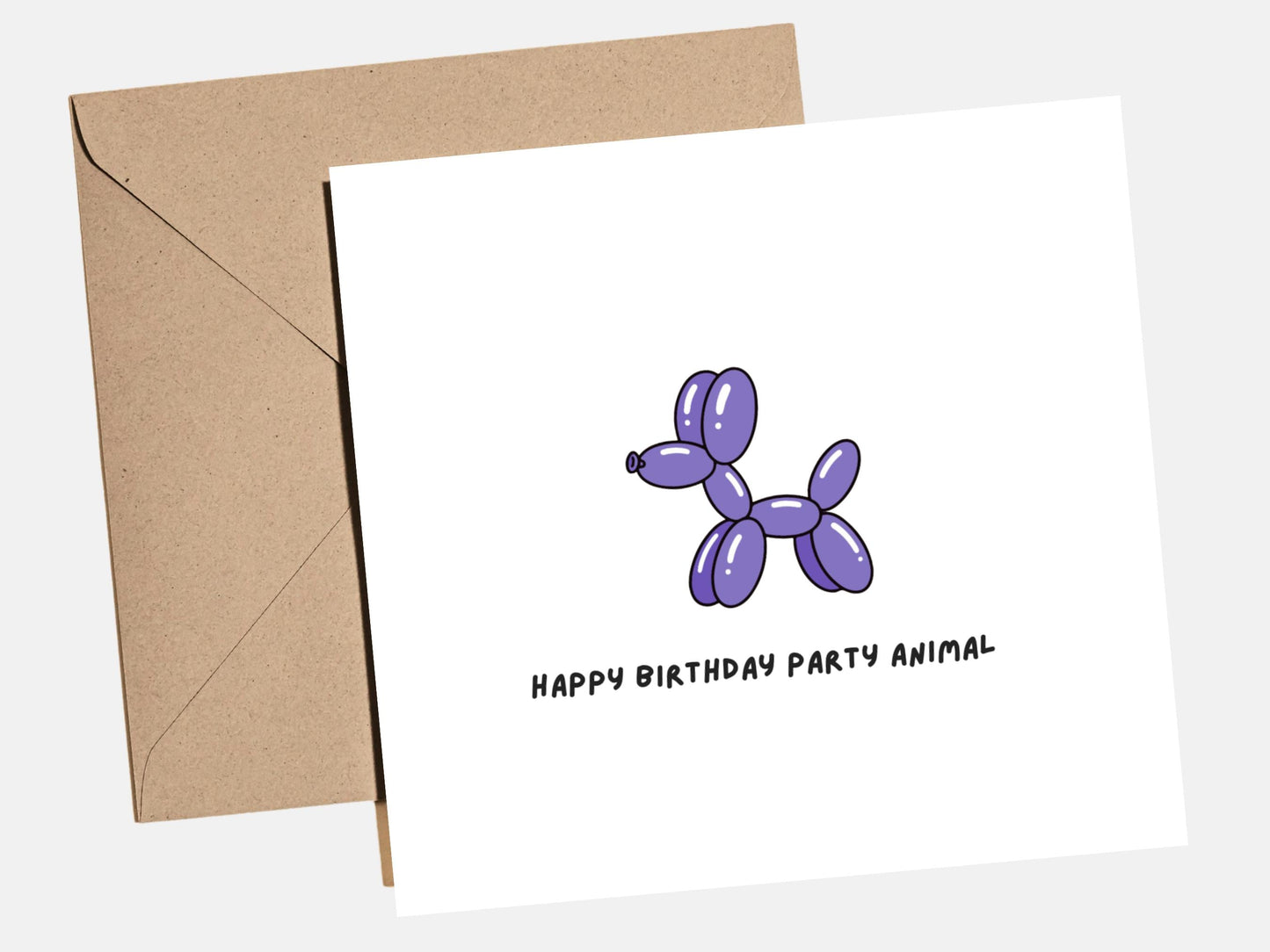 Funny balloon dog birthday card featuring a cute balloon animal dog illustration in a playful party style, shown with a kraft envelope.