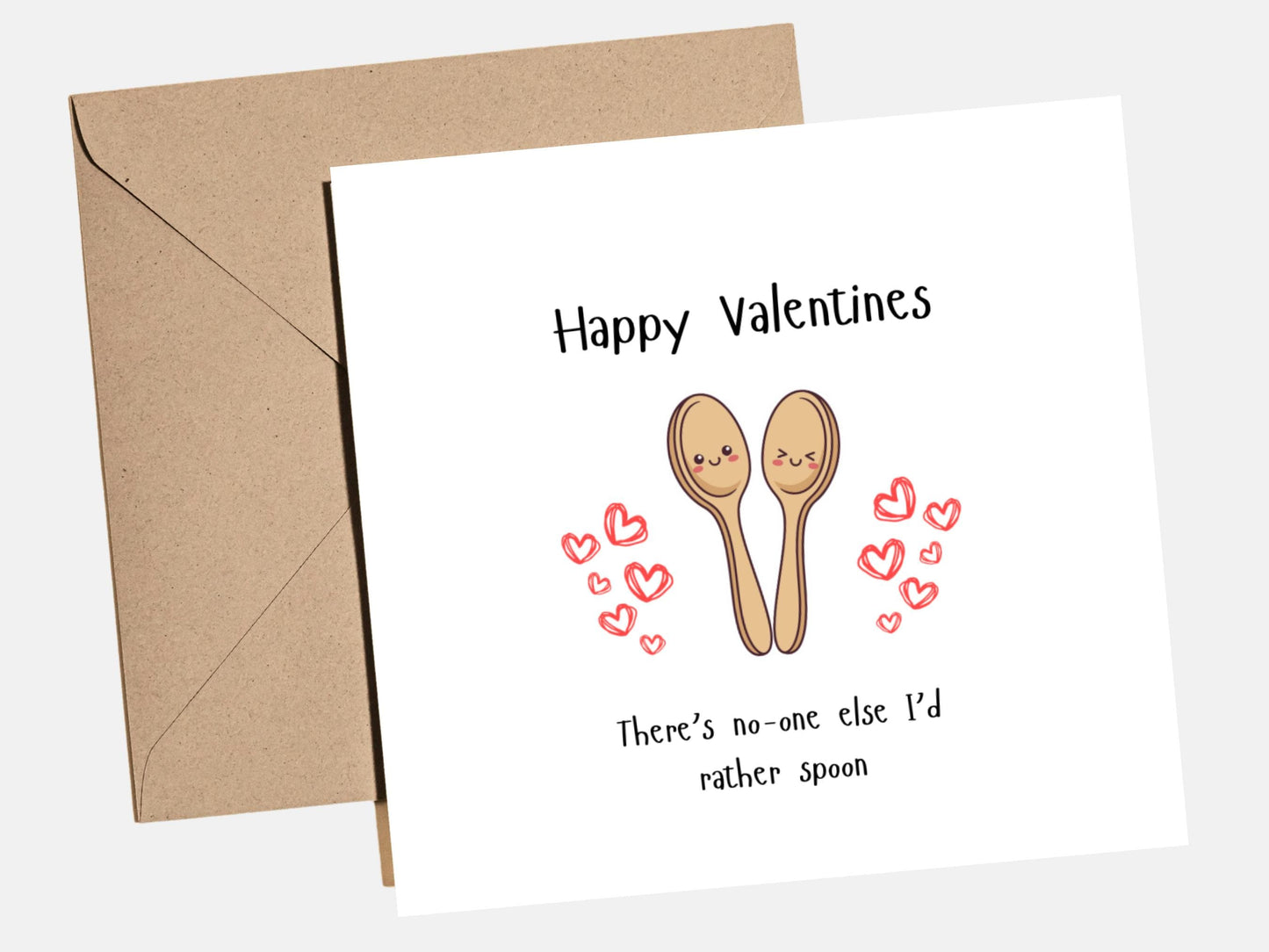 Cute Valentine‚Äôs Day card with spooning love message ‚Äúthere‚Äôs no one else I‚Äôd rather spoon‚Äù, romantic couple card