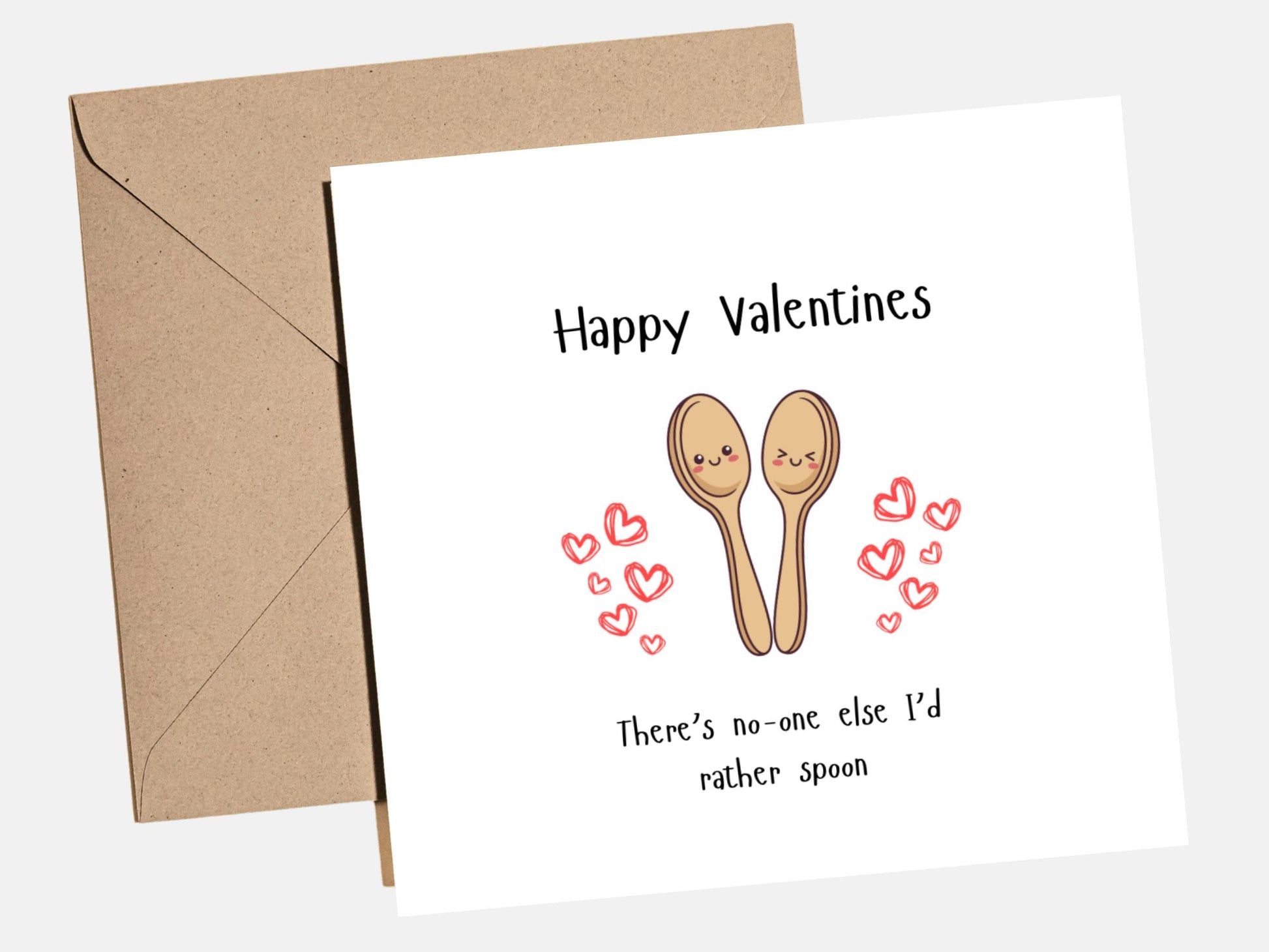 Cute Valentine‚Äôs Day card with spooning love message ‚Äúthere‚Äôs no one else I‚Äôd rather spoon‚Äù, romantic couple card