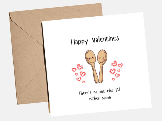 Cute Valentine‚Äôs Day card with spooning love message ‚Äúthere‚Äôs no one else I‚Äôd rather spoon‚Äù, romantic couple card