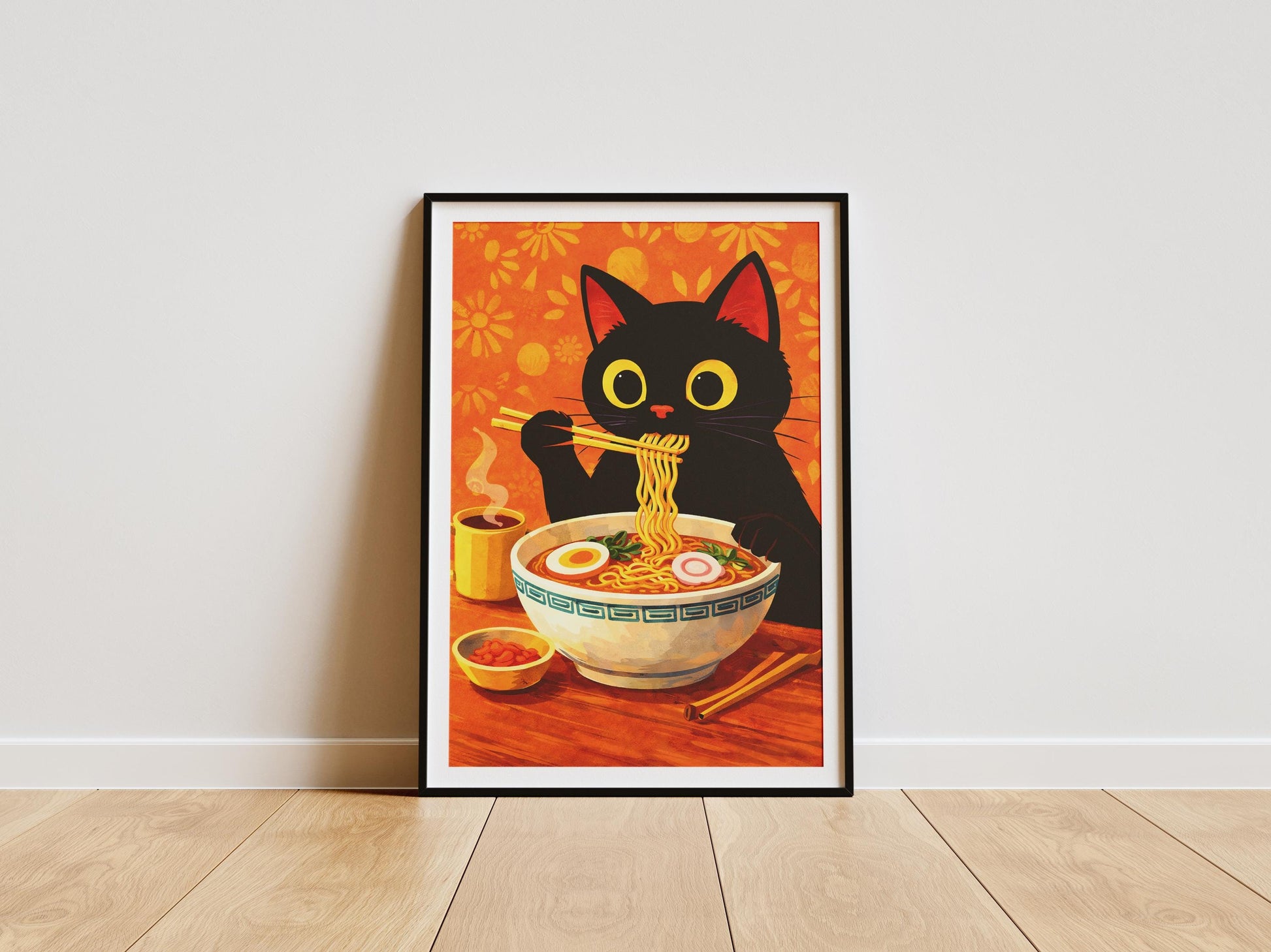 Cute black cat eating ramen illustration in Japanese style, kawaii cat wall art print perfect for kitchen decor and anime aesthetic rooms