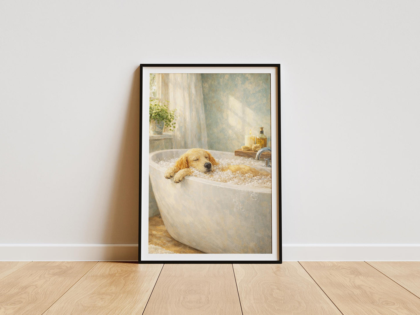 Cozy dog spa wall art print, soft neutral home decor