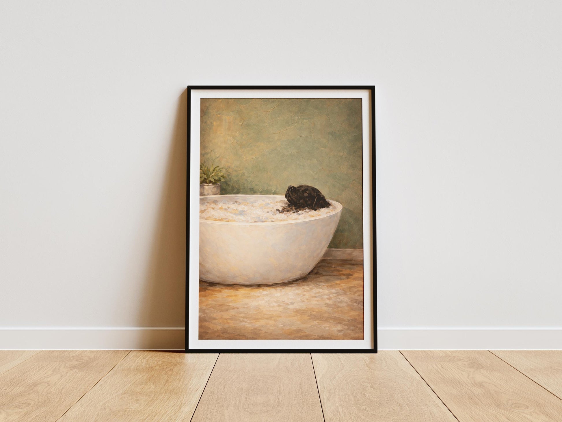 Elegant dog bath wall art, modern spa aesthetic decor