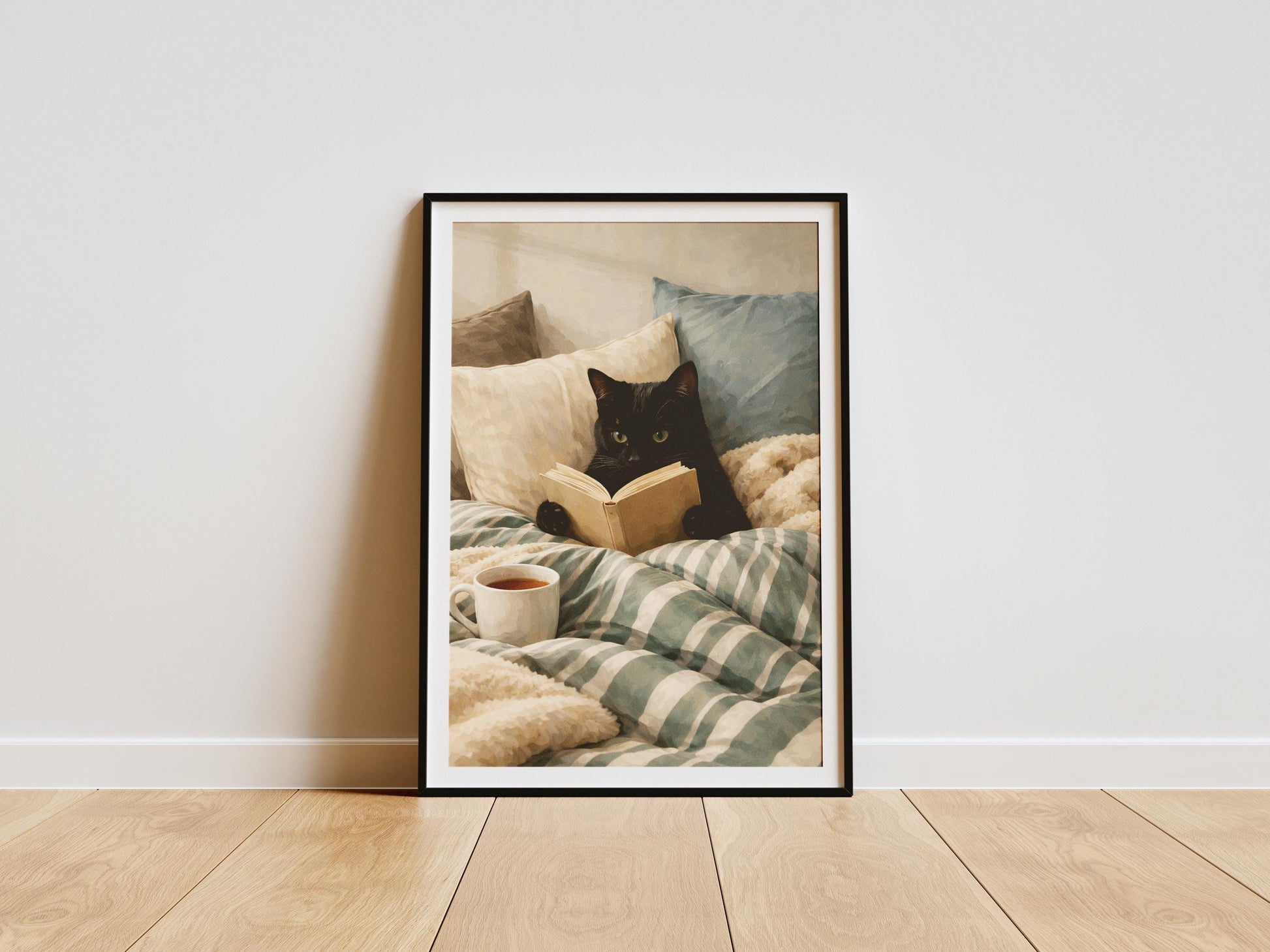 Black cat reading a book illustration in cozy vintage style, perfect for cottagecore and dark academia home decor