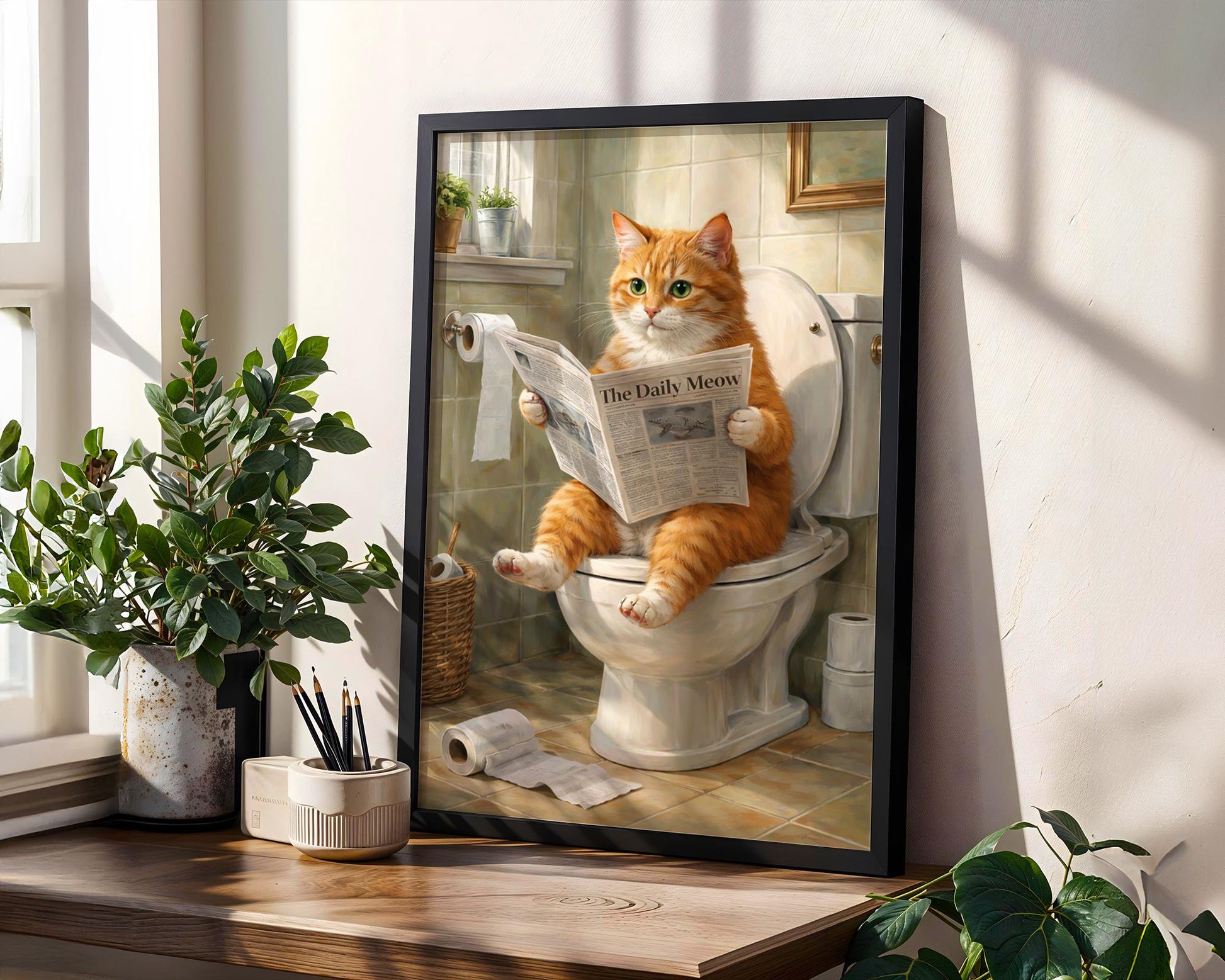 Funny bathroom prints - Orange cat "sitting on toilet reading paper" art - ginger cat gifts, ginger cat print, bathroom wall art, wall decor