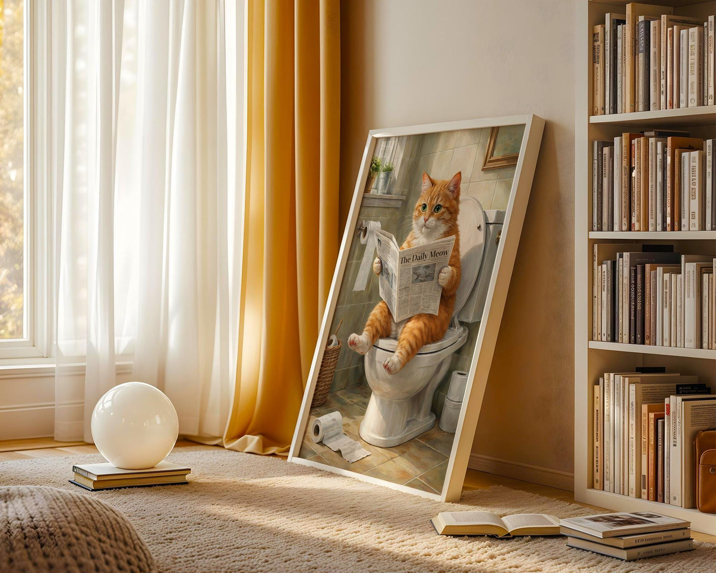 Funny bathroom prints - Orange cat "sitting on toilet reading paper" art - ginger cat gifts, ginger cat print, bathroom wall art, wall decor