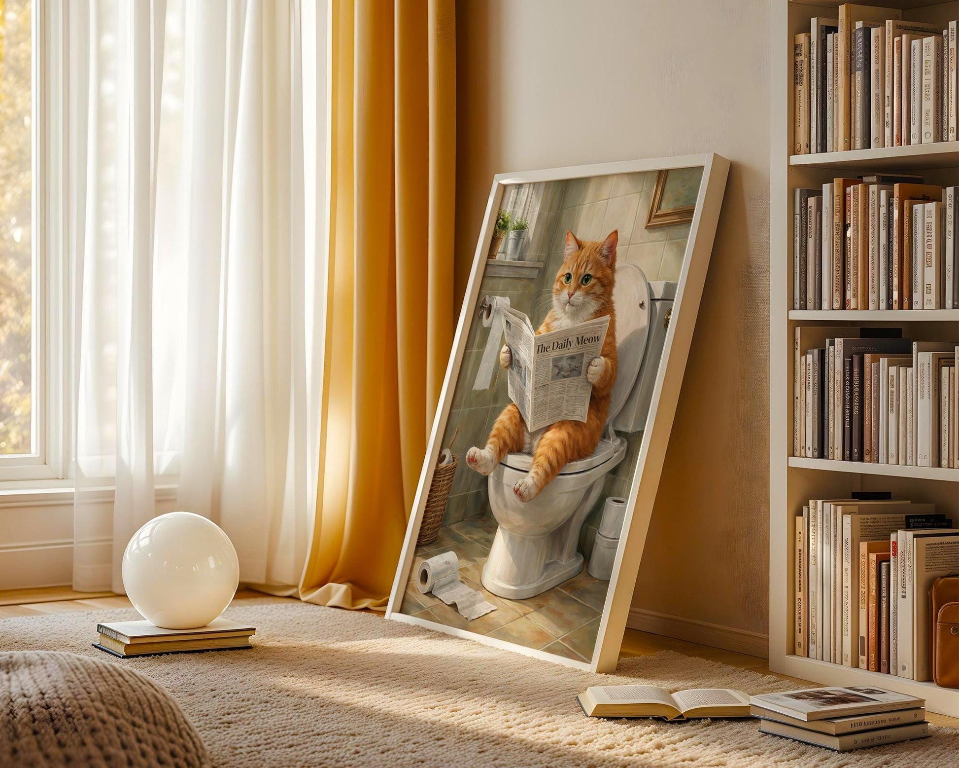 Funny bathroom prints - Orange cat "sitting on toilet reading paper" art - ginger cat gifts, ginger cat print, bathroom wall art, wall decor