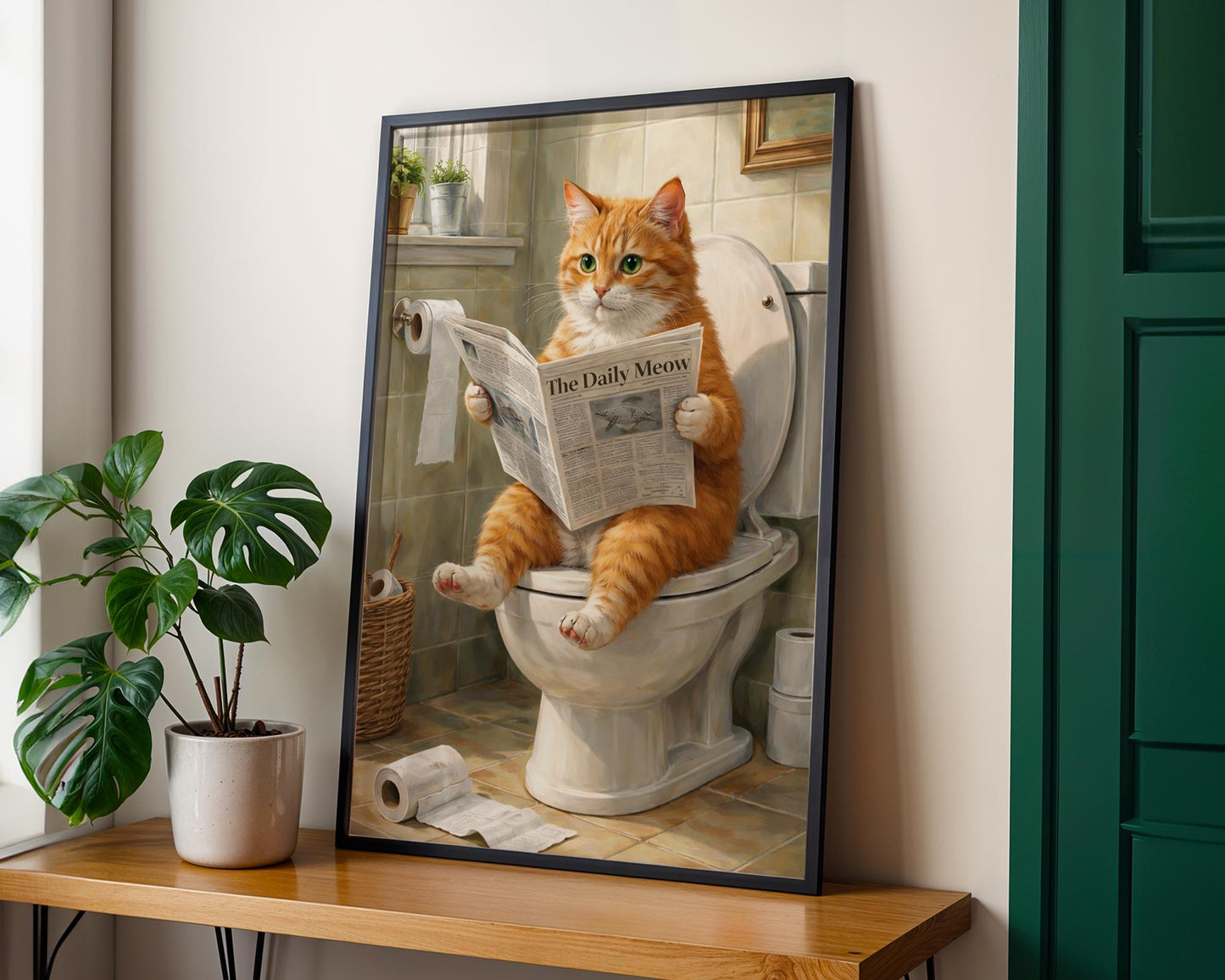Funny bathroom prints - Orange cat "sitting on toilet reading paper" art - ginger cat gifts, ginger cat print, bathroom wall art, wall decor