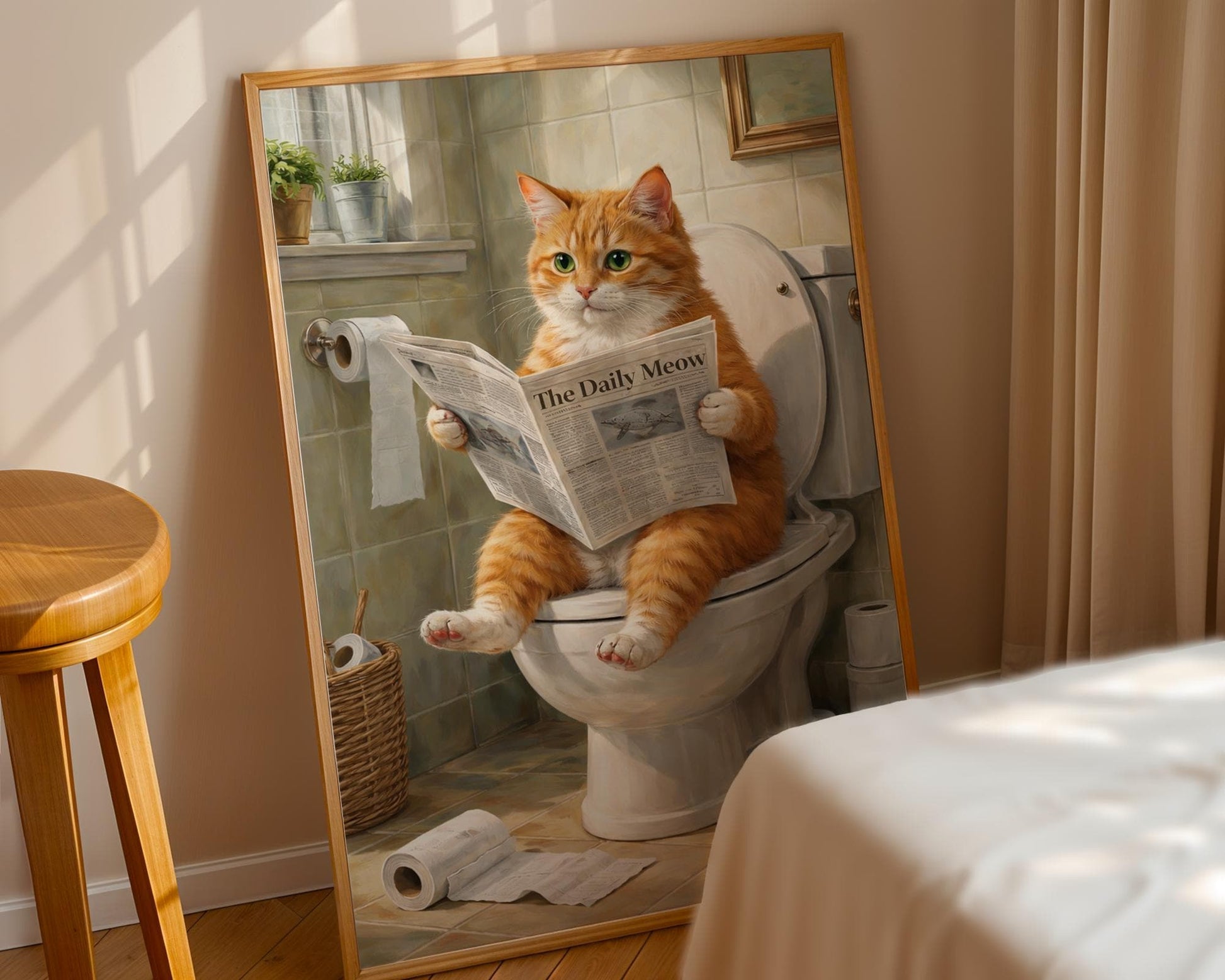 Funny bathroom prints - Orange cat "sitting on toilet reading paper" art - ginger cat gifts, ginger cat print, bathroom wall art, wall decor