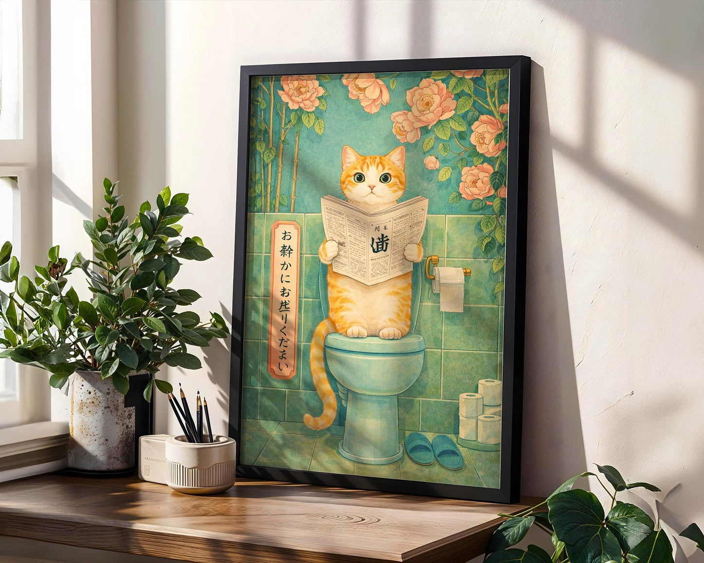 Japanese Cat Bathroom Print – Funny Toilet Wall Art, Vintage Style Cat Art, Quirky Bathroom Decor, Cat Lover Gift, Japanese Cat Art