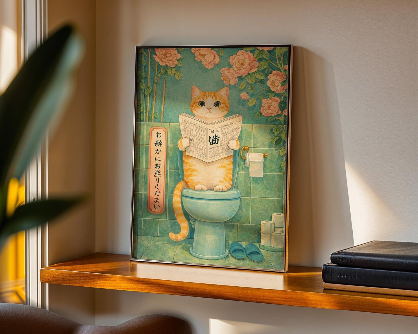 Japanese Cat Bathroom Print – Funny Toilet Wall Art, Vintage Style Cat Art, Quirky Bathroom Decor, Cat Lover Gift, Japanese Cat Art