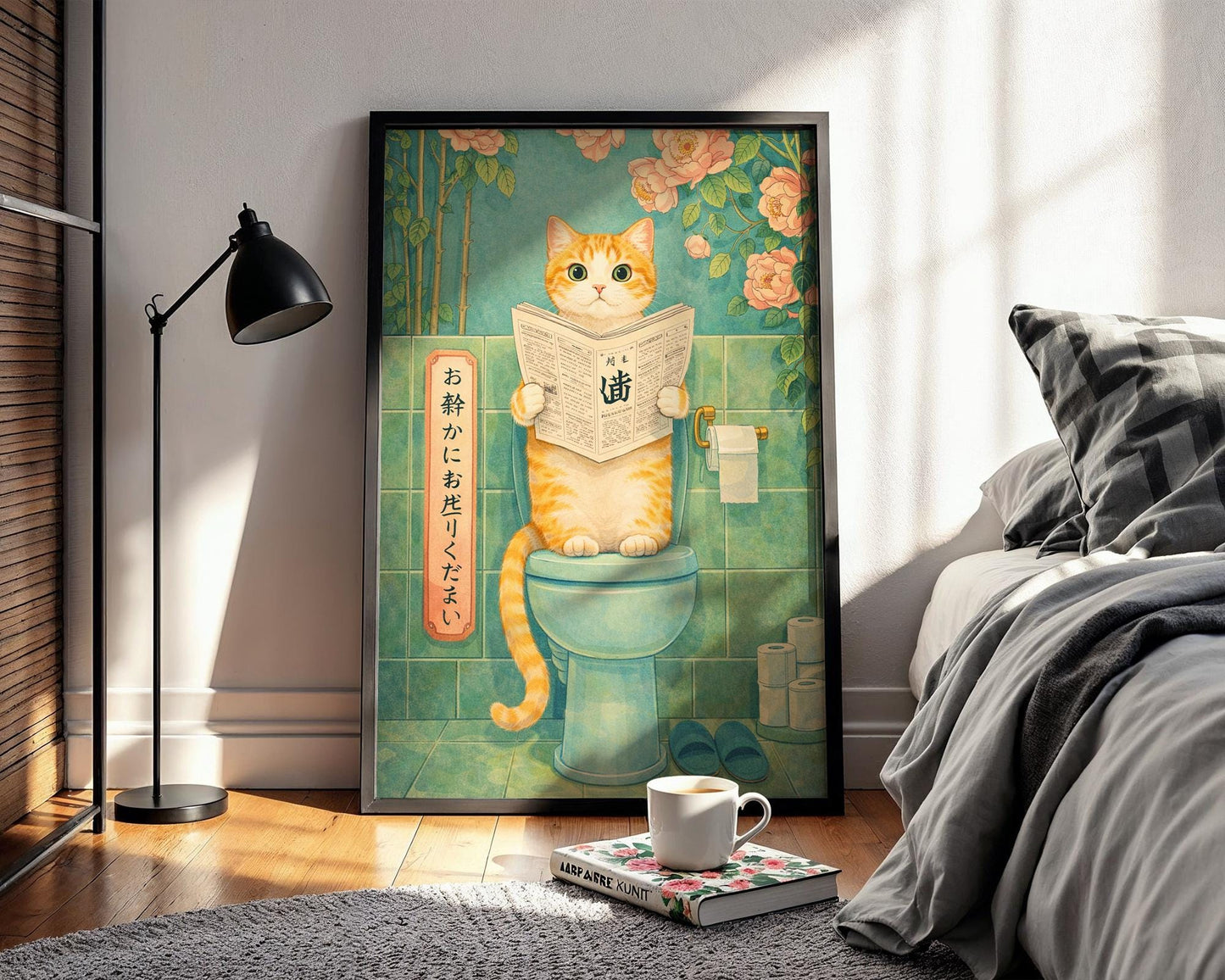 Japanese Cat Bathroom Print – Funny Toilet Wall Art, Vintage Style Cat Art, Quirky Bathroom Decor, Cat Lover Gift, Japanese Cat Art