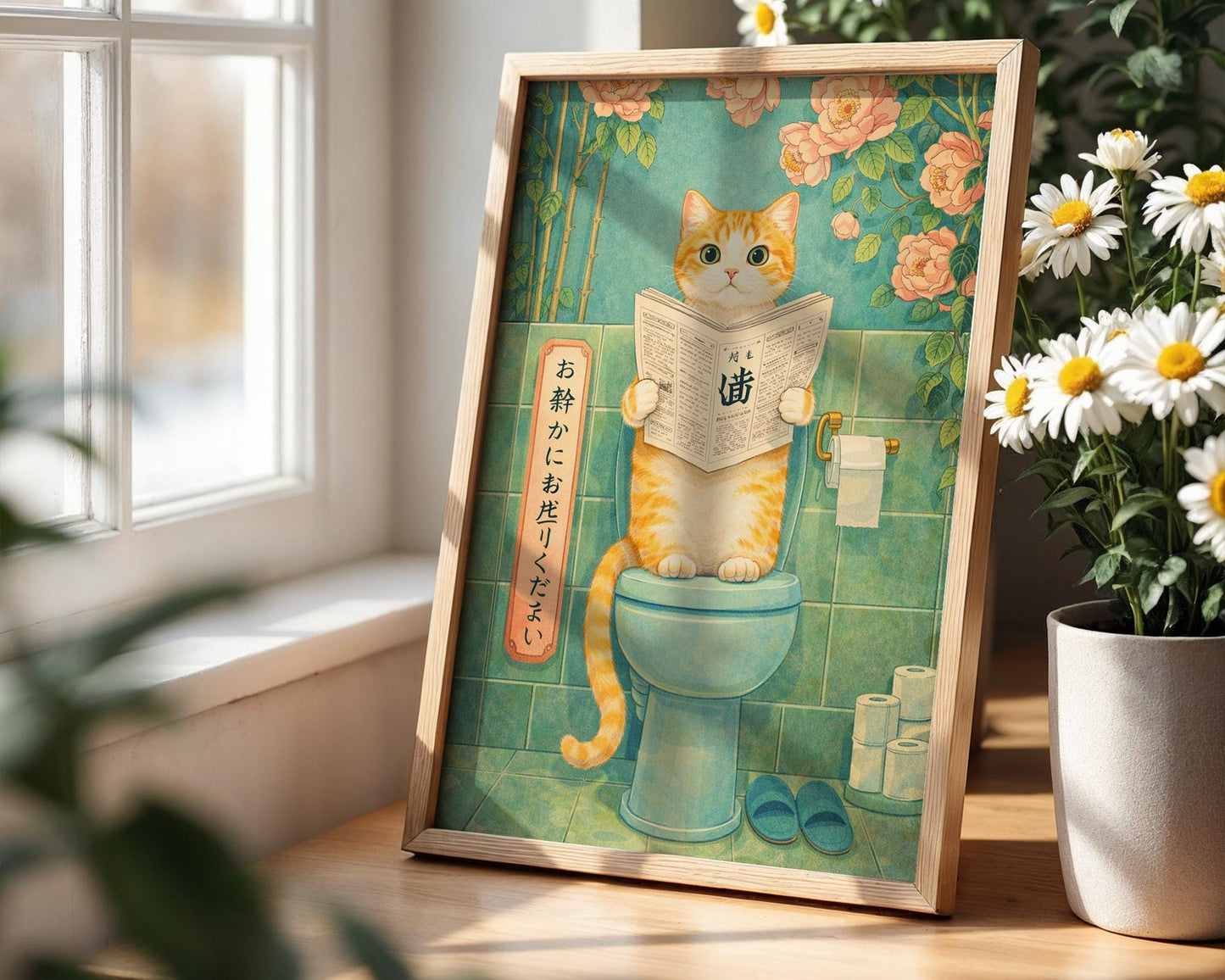 Japanese Cat Bathroom Print – Funny Toilet Wall Art, Vintage Style Cat Art, Quirky Bathroom Decor, Cat Lover Gift, Japanese Cat Art