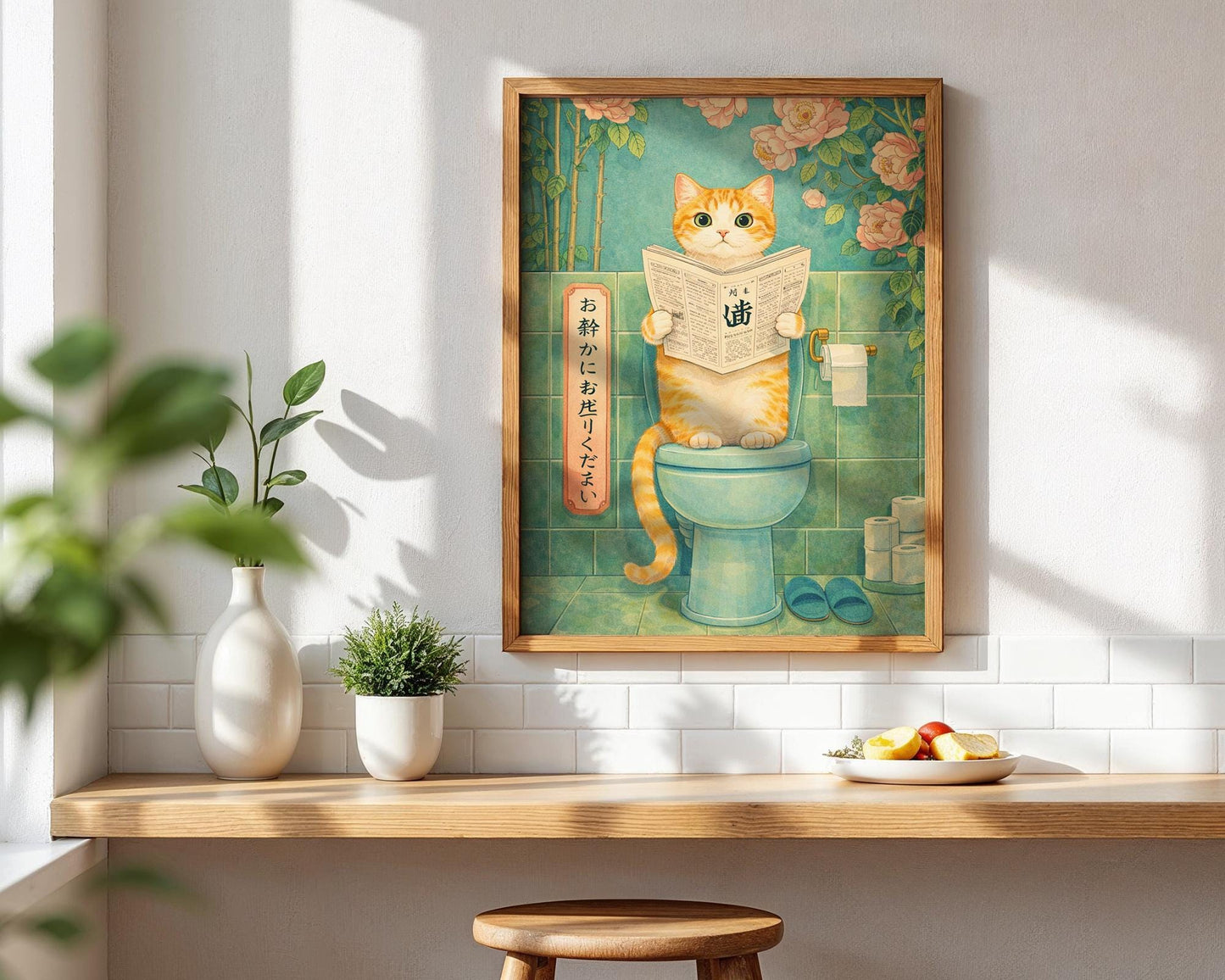 Japanese Cat Bathroom Print – Funny Toilet Wall Art, Vintage Style Cat Art, Quirky Bathroom Decor, Cat Lover Gift, Japanese Cat Art