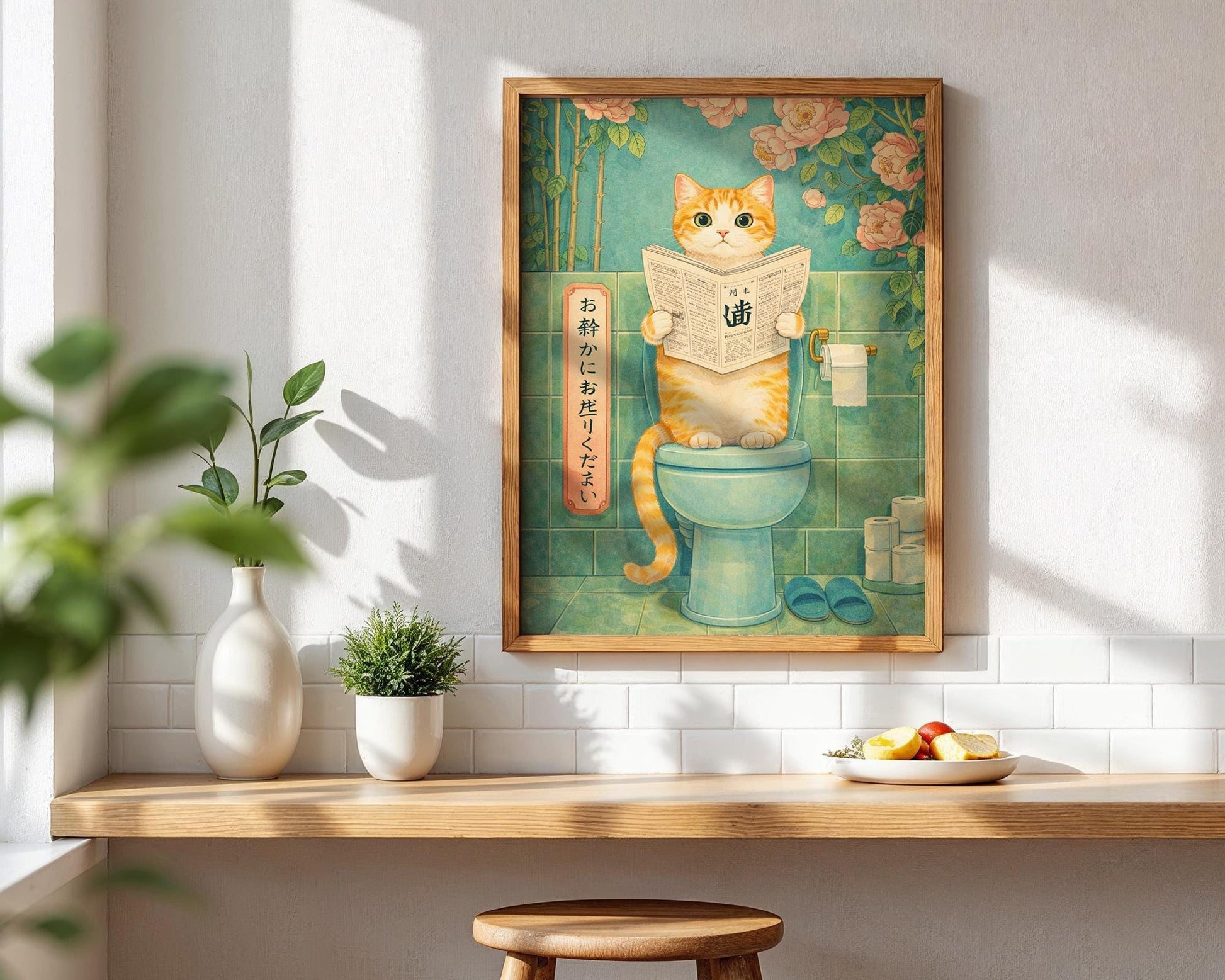 Japanese Cat Bathroom Print – Funny Toilet Wall Art, Vintage Style Cat Art, Quirky Bathroom Decor, Cat Lover Gift, Japanese Cat Art