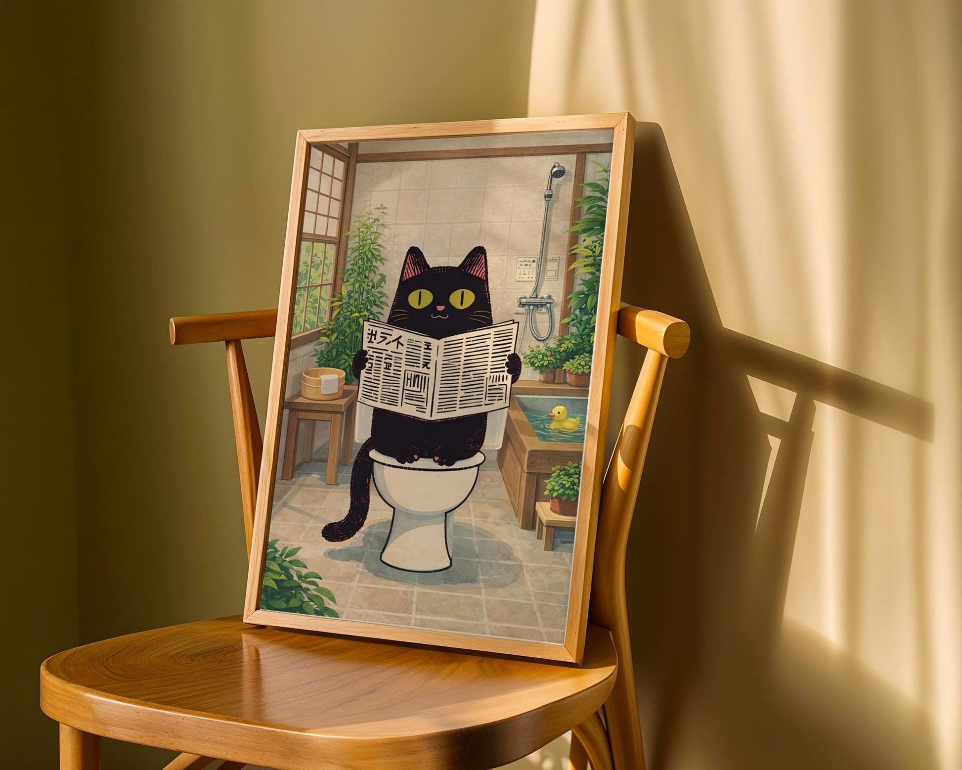Funny Cat Bathroom Print – Japanese Style Black Cat on Toilet Wall Art – Quirky Bathroom Decor – Cat Lover Gift