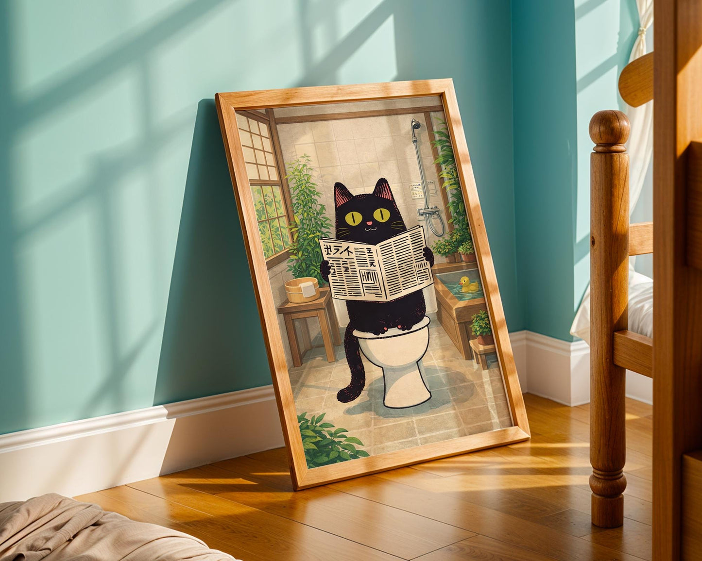 Funny Cat Bathroom Print – Japanese Style Black Cat on Toilet Wall Art – Quirky Bathroom Decor – Cat Lover Gift