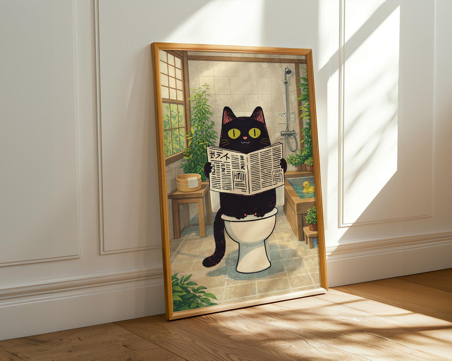 Funny Cat Bathroom Print – Japanese Style Black Cat on Toilet Wall Art – Quirky Bathroom Decor – Cat Lover Gift