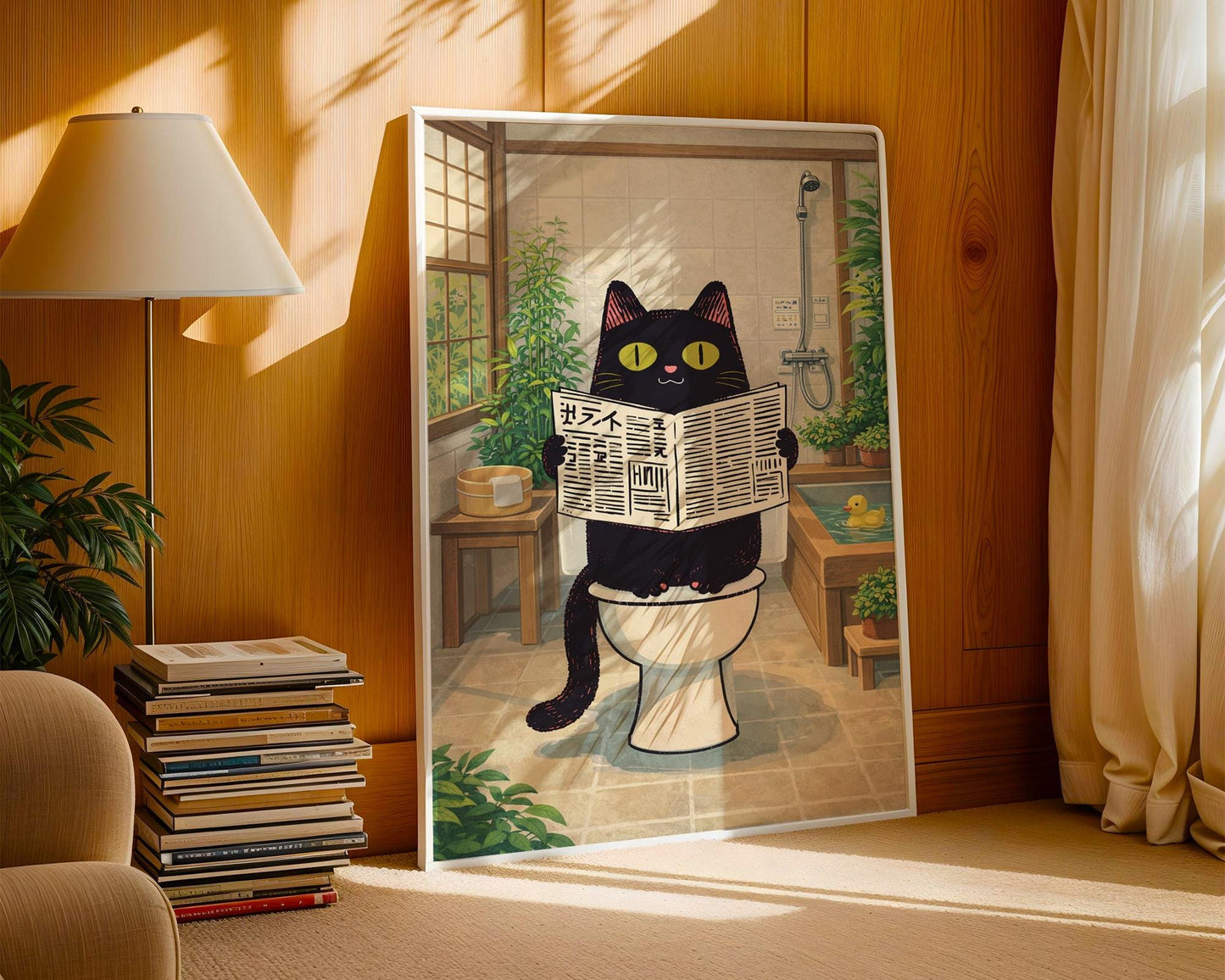 Funny Cat Bathroom Print – Japanese Style Black Cat on Toilet Wall Art – Quirky Bathroom Decor – Cat Lover Gift