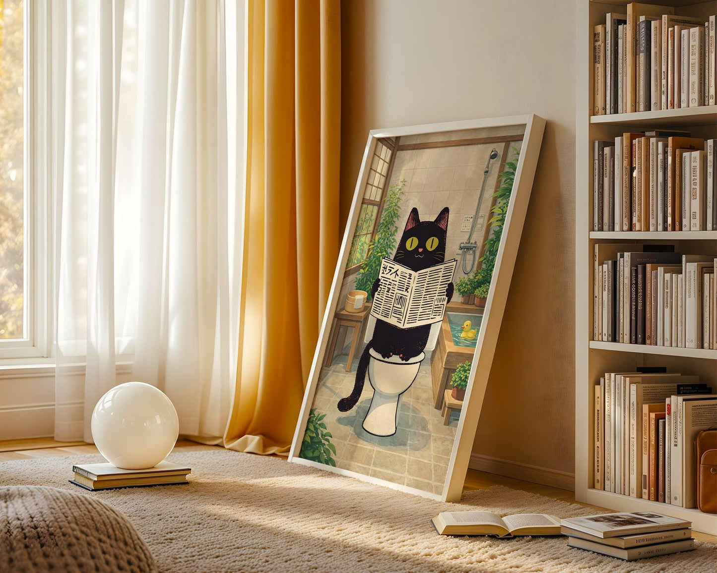 Funny Cat Bathroom Print – Japanese Style Black Cat on Toilet Wall Art – Quirky Bathroom Decor – Cat Lover Gift