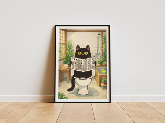 Funny Cat Bathroom Print – Japanese Style Black Cat on Toilet Wall Art – Quirky Bathroom Decor – Cat Lover Gift