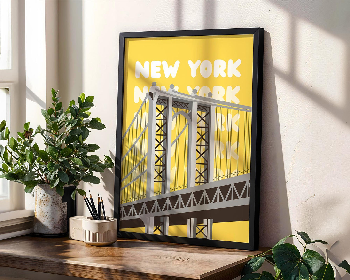 Minimal New York City wall art print set featuring modern landmark illustrations in neutral tones.