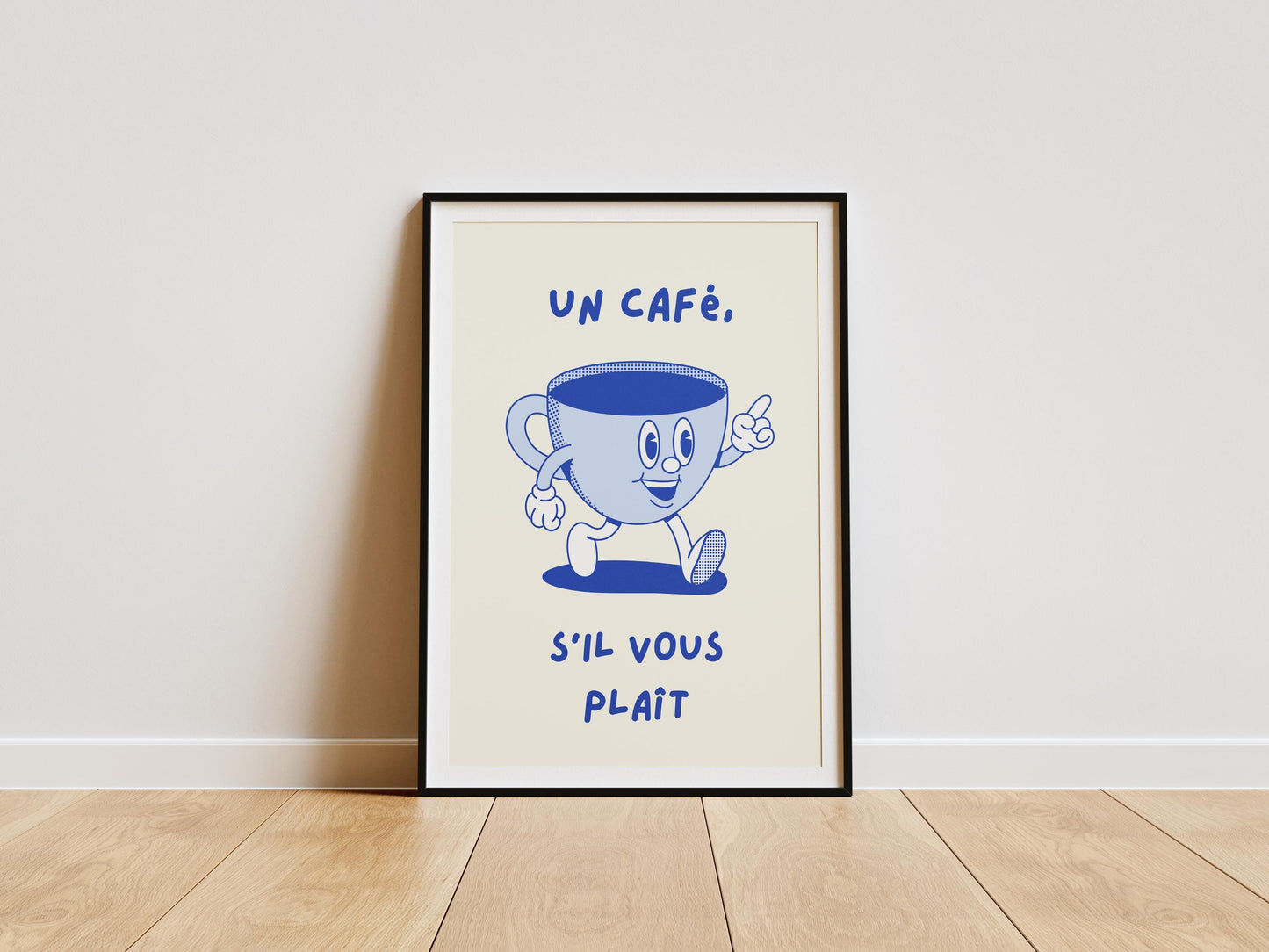 French café wall art print with text “Un Café S’il Vous Plaît”, minimalist Parisian coffee kitchen decor