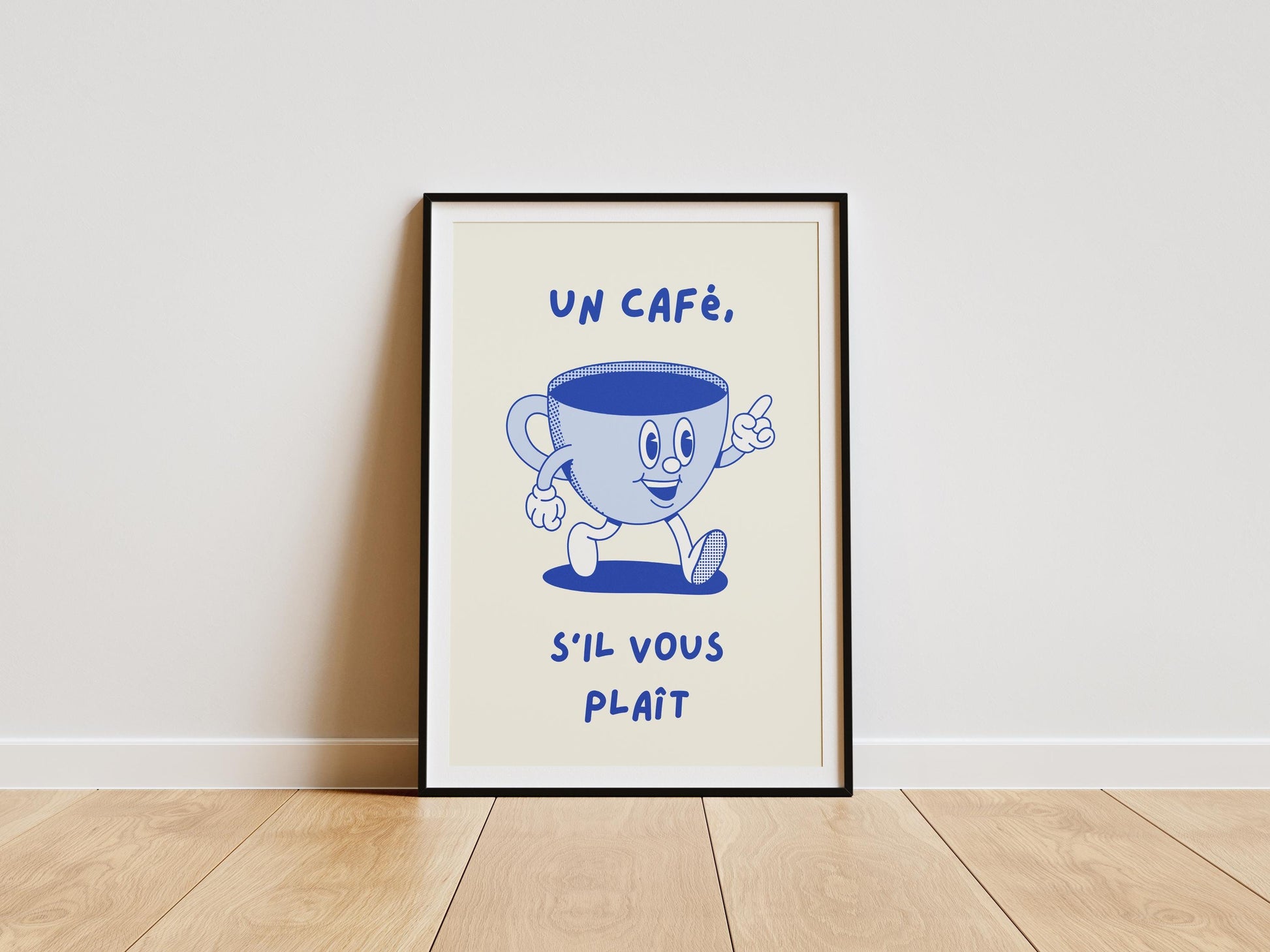 French café wall art print with text “Un Café S’il Vous Plaît”, minimalist Parisian coffee kitchen decor