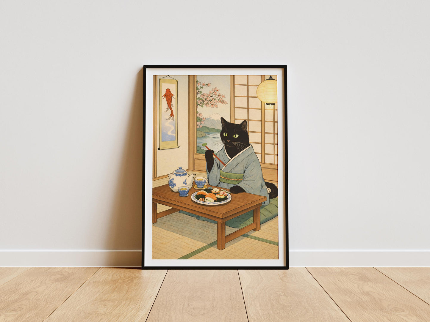 Japanese themed cat print with kimono and tea set, unique food lover gift