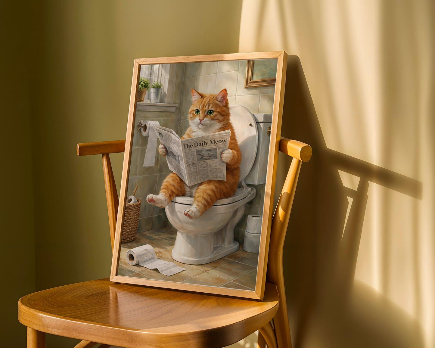 Funny bathroom prints - Orange cat "sitting on toilet reading paper" art - ginger cat gifts, ginger cat print, bathroom wall art, wall decor