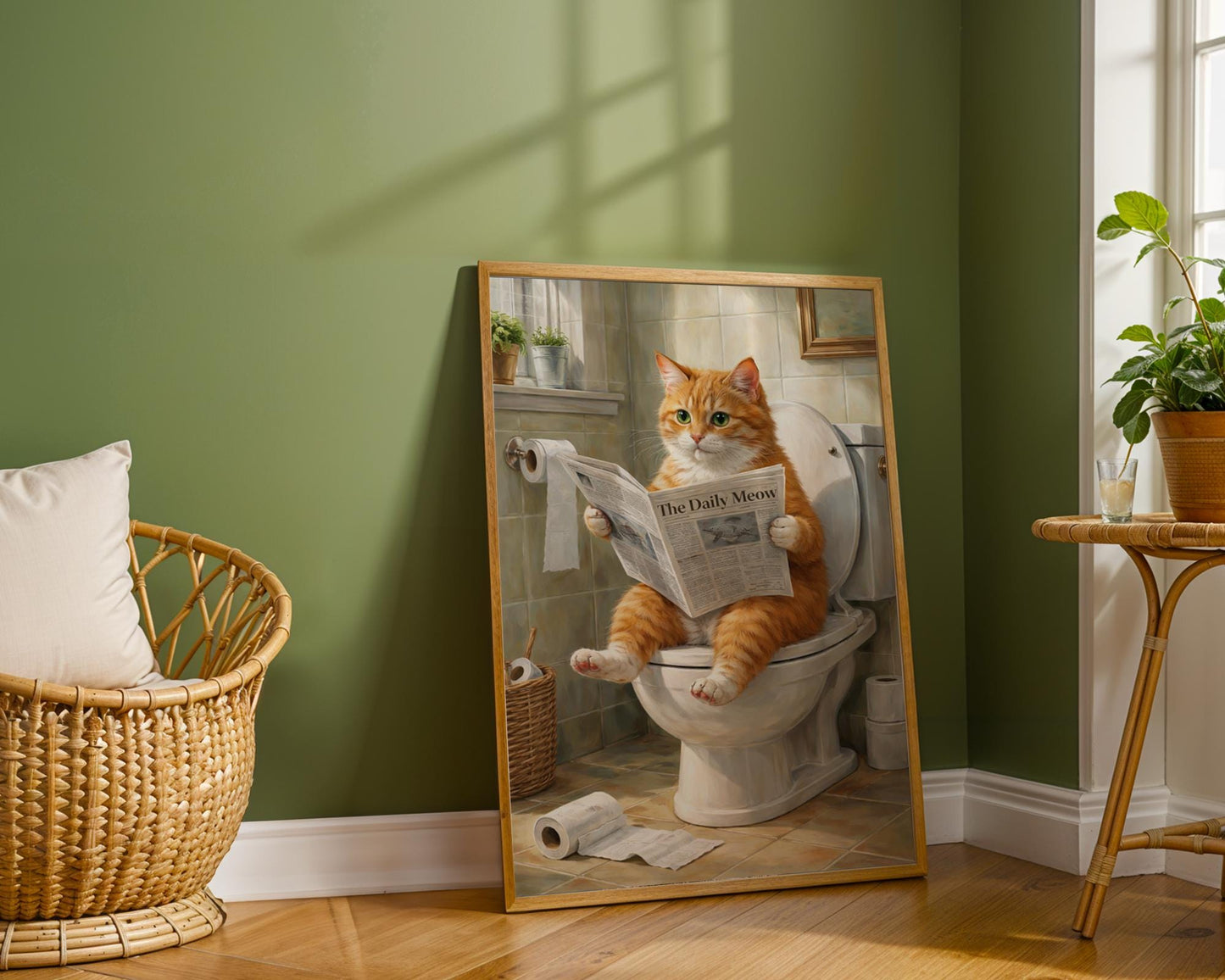 Funny bathroom prints - Orange cat "sitting on toilet reading paper" art - ginger cat gifts, ginger cat print, bathroom wall art, wall decor