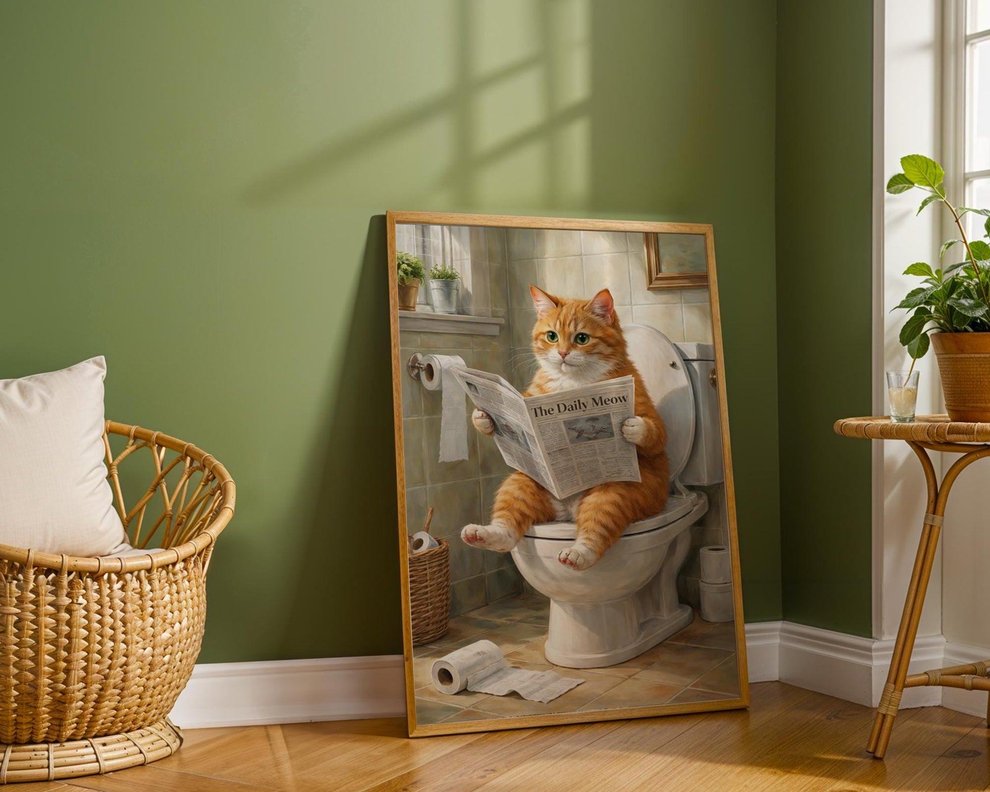 Funny bathroom prints - Orange cat "sitting on toilet reading paper" art - ginger cat gifts, ginger cat print, bathroom wall art, wall decor