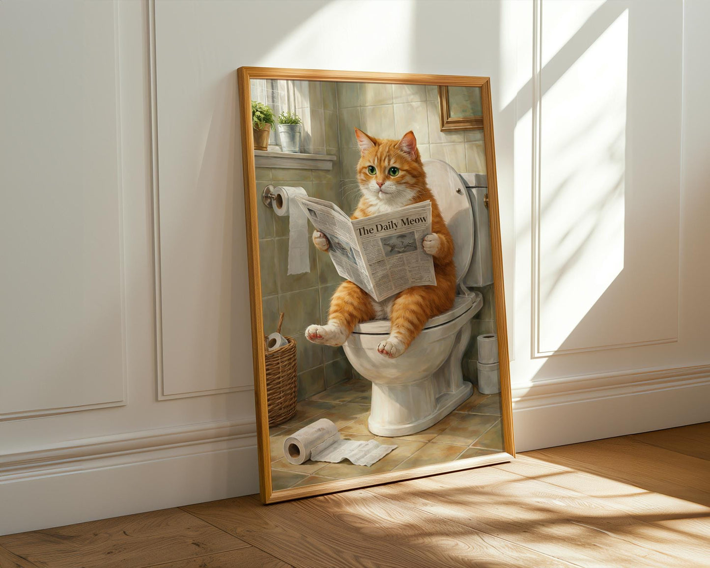 Funny bathroom prints - Orange cat "sitting on toilet reading paper" art - ginger cat gifts, ginger cat print, bathroom wall art, wall decor