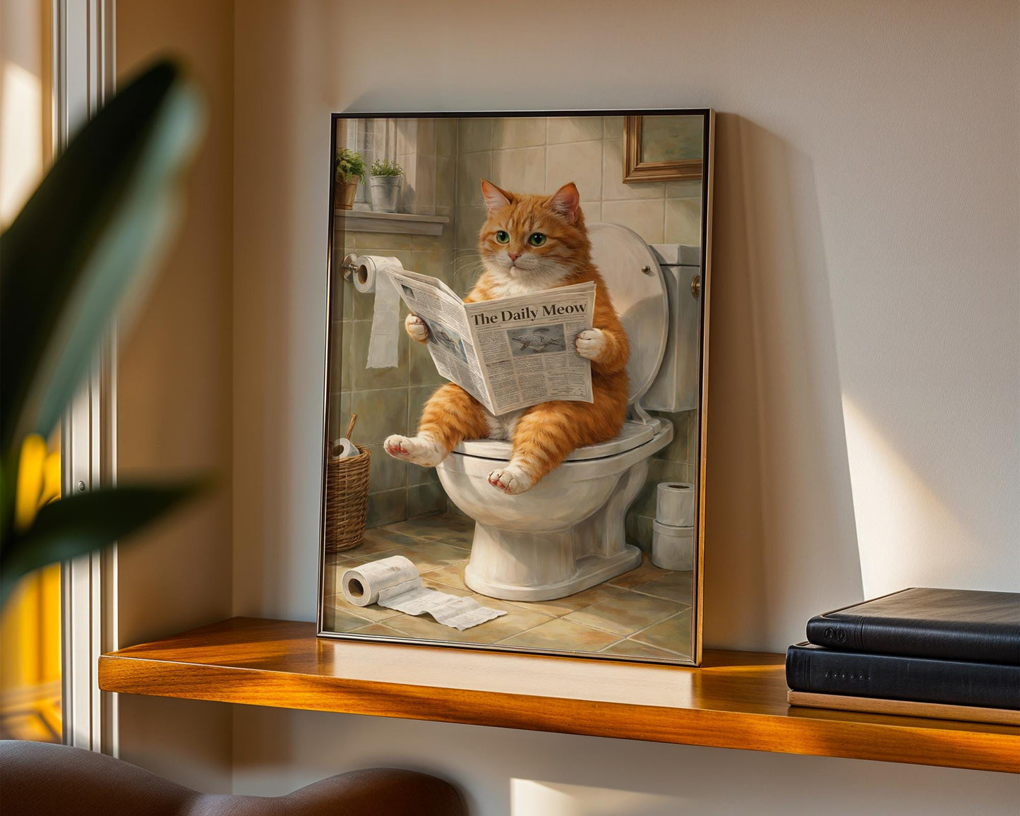 Funny bathroom prints - Orange cat "sitting on toilet reading paper" art - ginger cat gifts, ginger cat print, bathroom wall art, wall decor