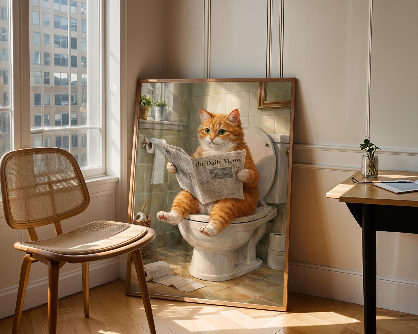 Funny bathroom prints - Orange cat "sitting on toilet reading paper" art - ginger cat gifts, ginger cat print, bathroom wall art, wall decor