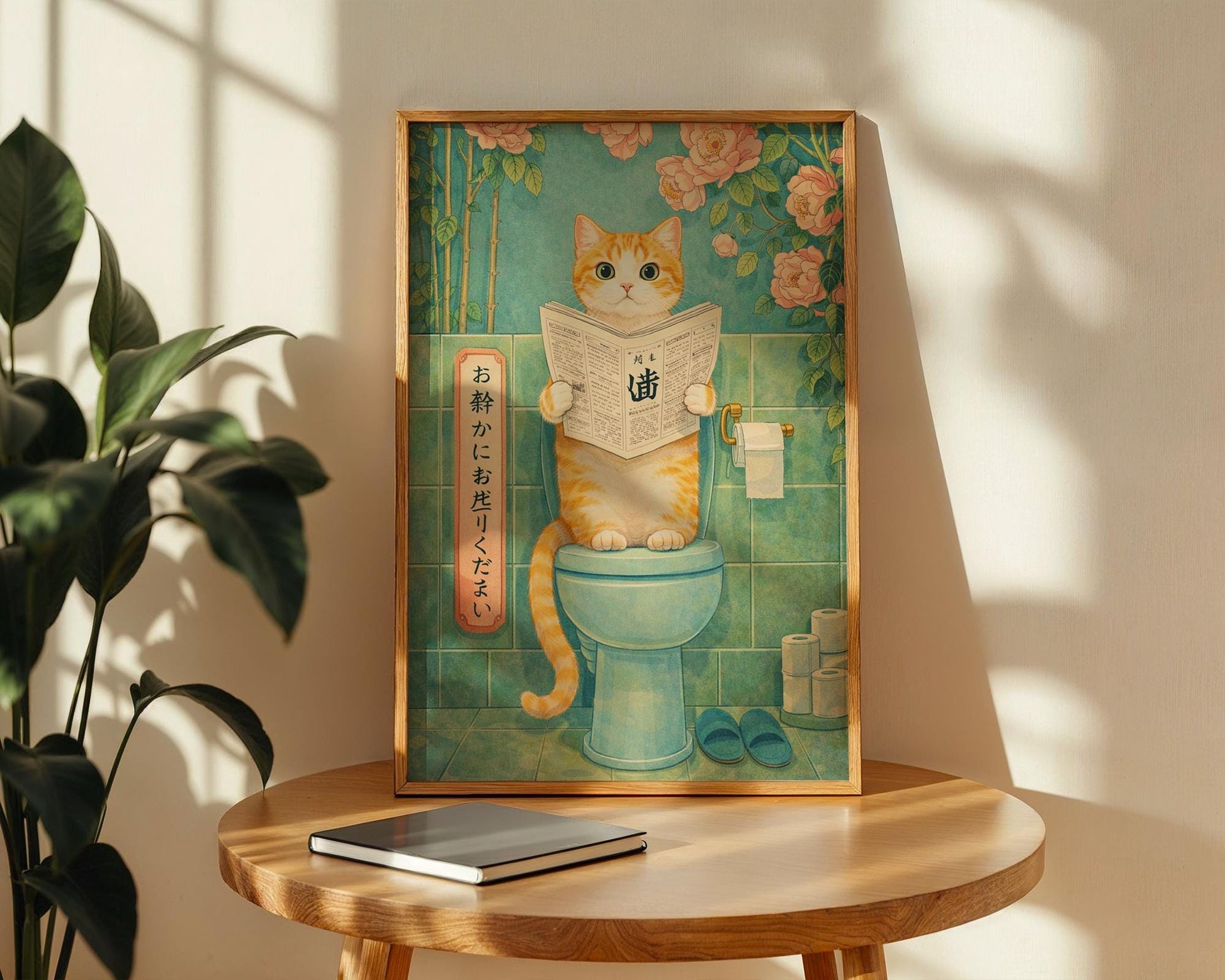 Japanese Cat Bathroom Print – Funny Toilet Wall Art, Vintage Style Cat Art, Quirky Bathroom Decor, Cat Lover Gift, Japanese Cat Art